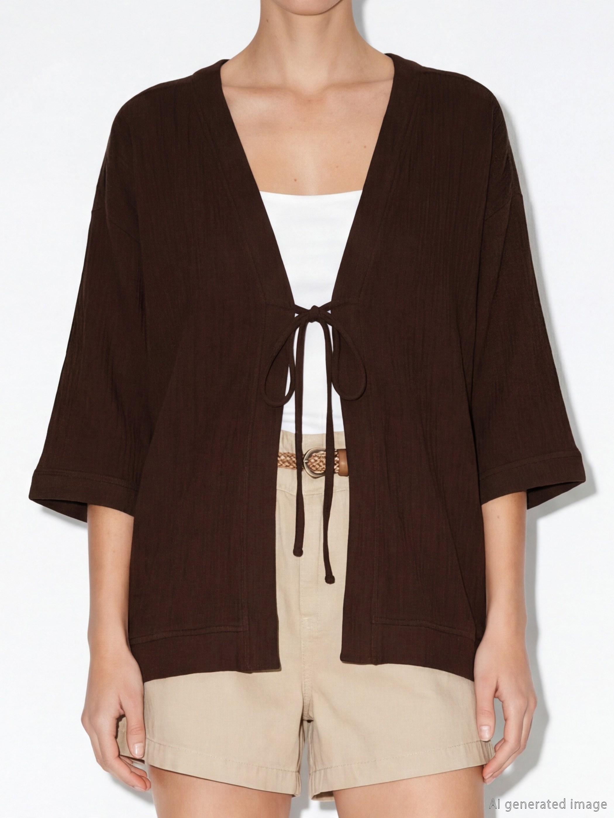 Kahverengi Kruvaze Yaka Dokulu Kadın Kimono-5