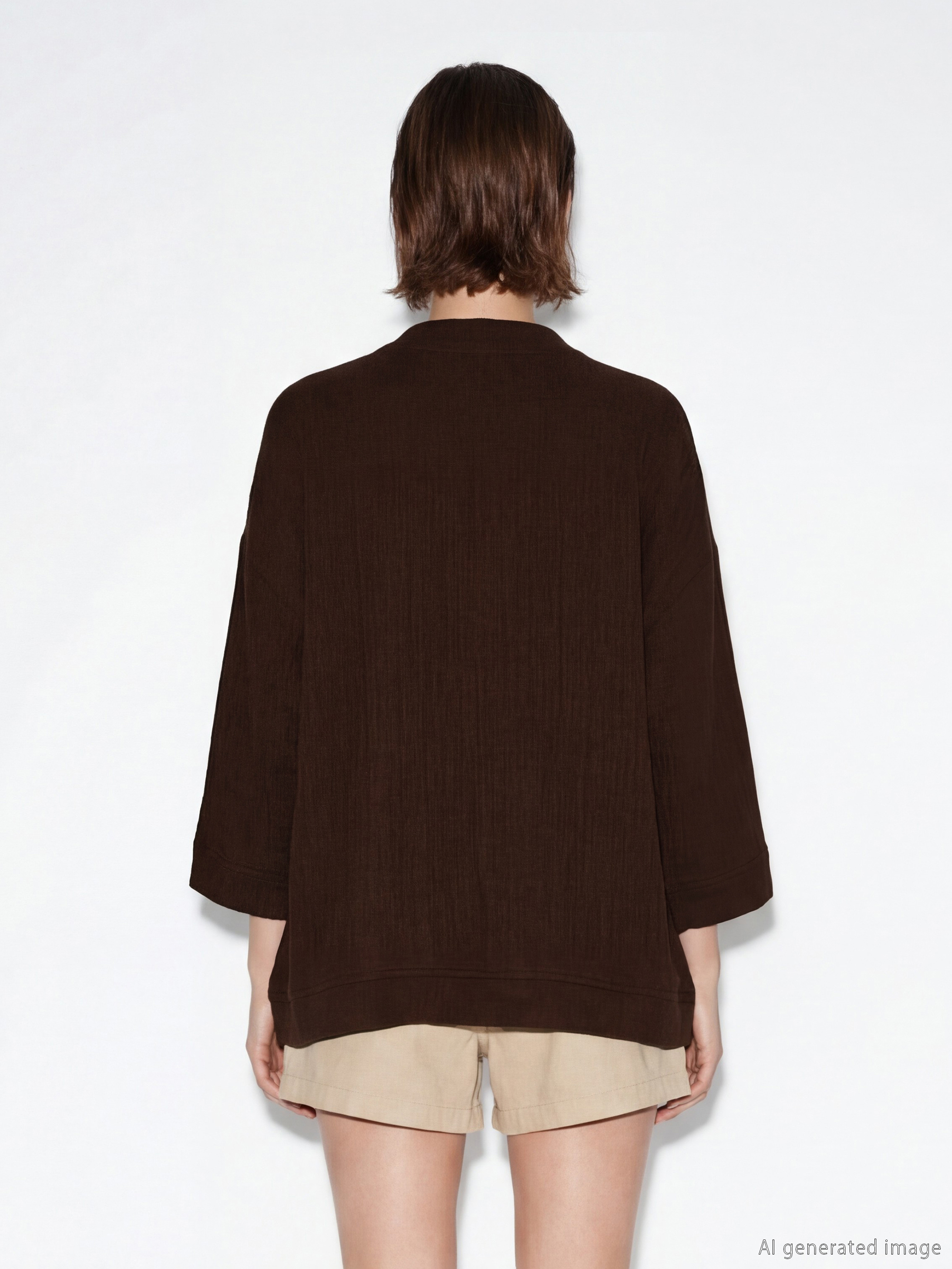 Kahverengi Kruvaze Yaka Dokulu Kadın Kimono-7