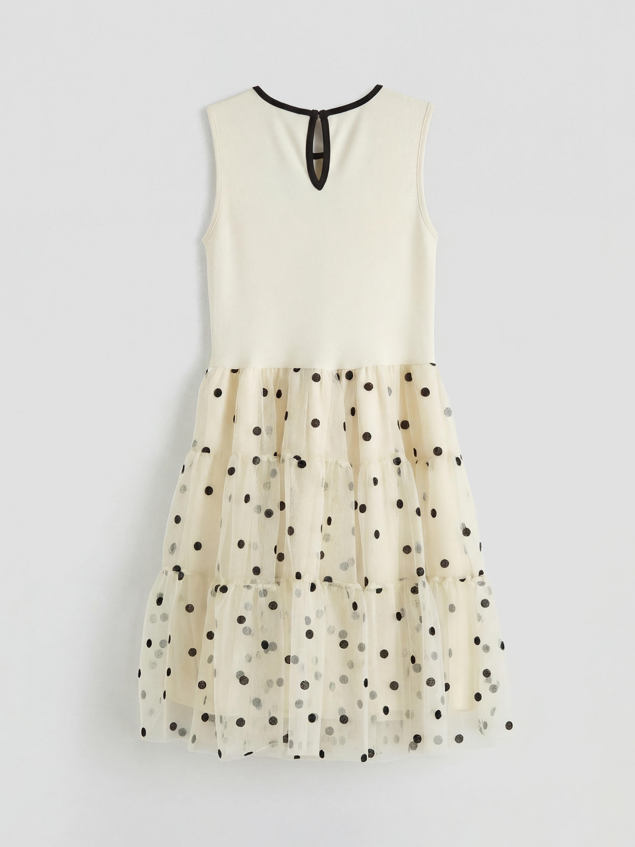 Ekru Bisiklet Yaka Puantiyeli Kız Çocuk Tül Elbise-1