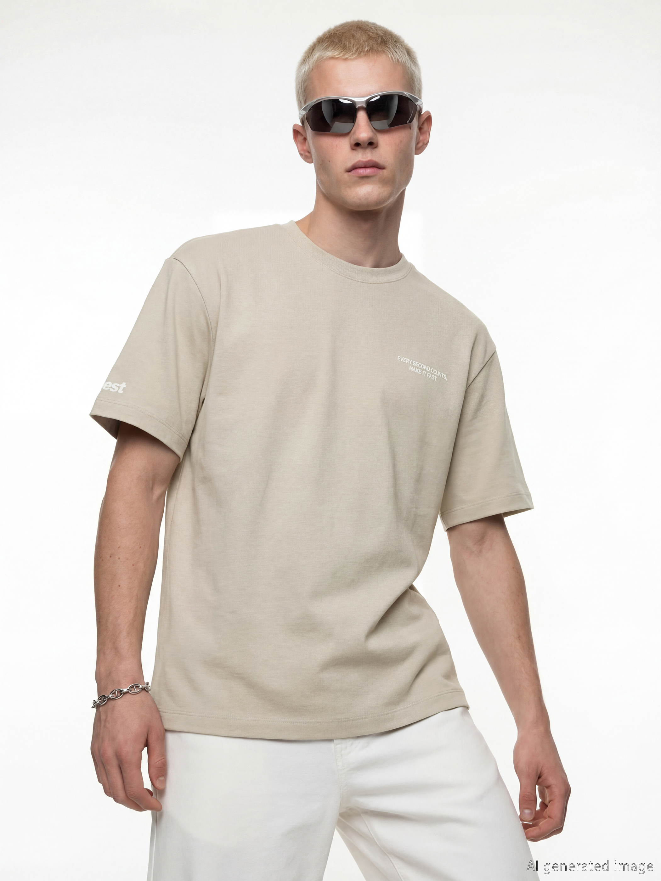 Bej Bisiklet Yaka Baskılı Penye Erkek Tişört-1