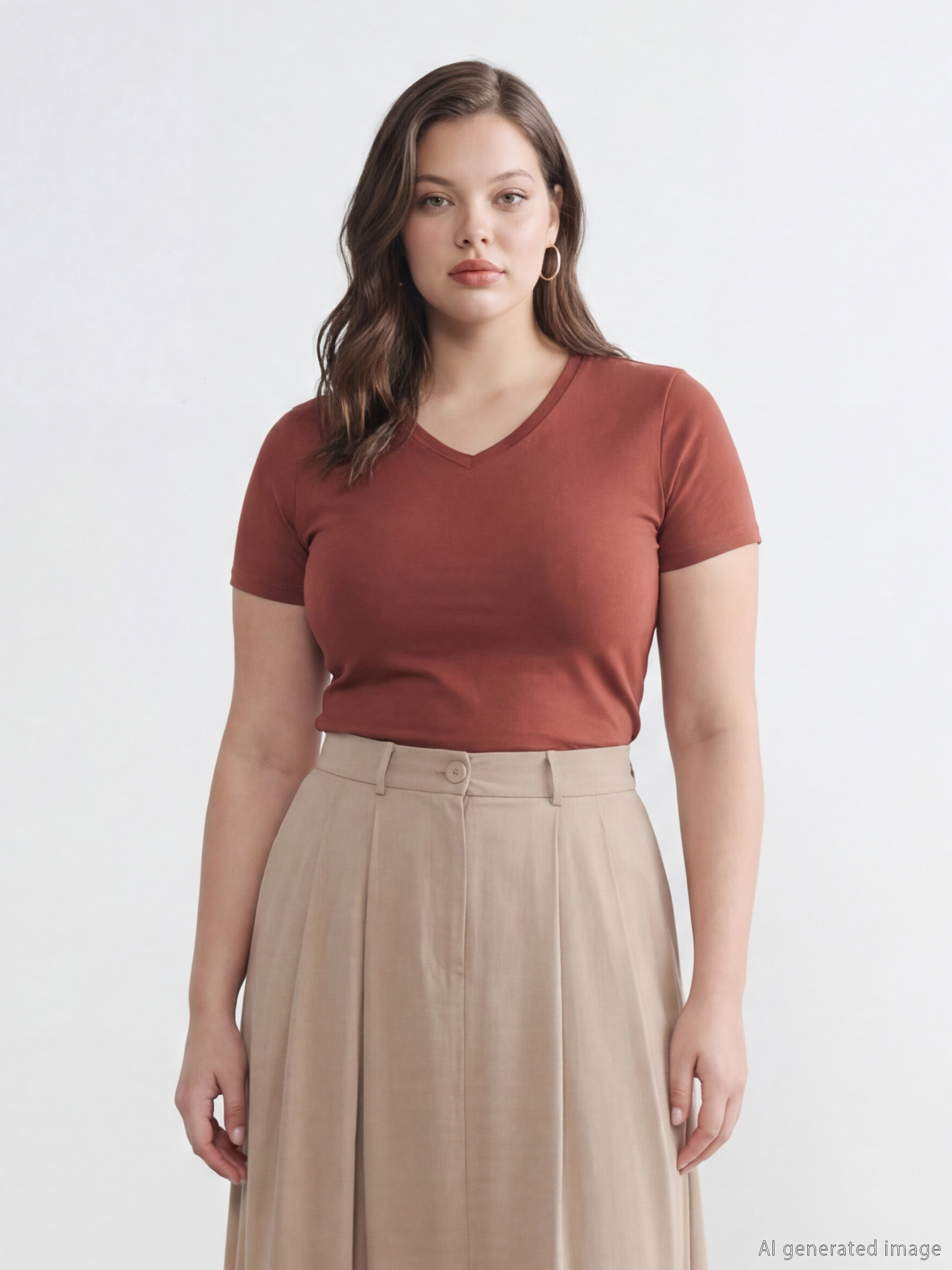 Kahverengi V Yaka Kadın Tişört-1