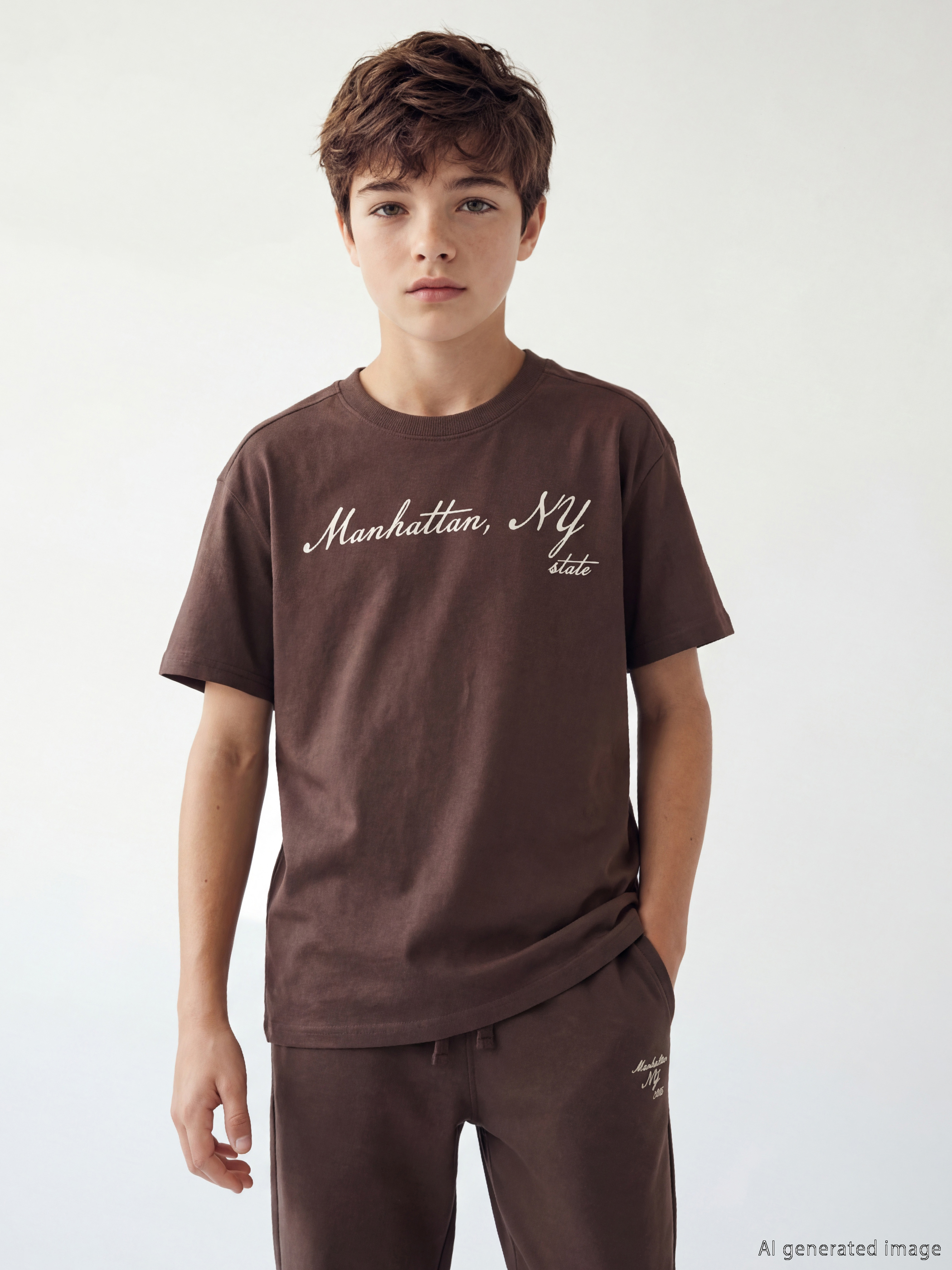 Kahverengi Manhattan Baskılı Bisiklet Yaka Erkek Çocuk Tişört-1