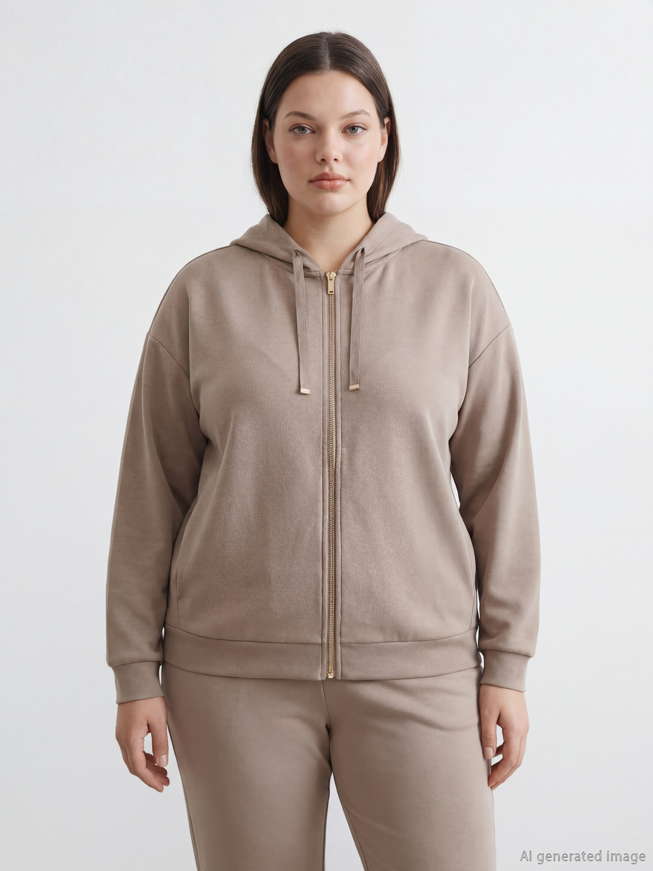 Kahverengi Kapüşonlu Soft Touch Kadın Fermuarlı Sweatshirt-1