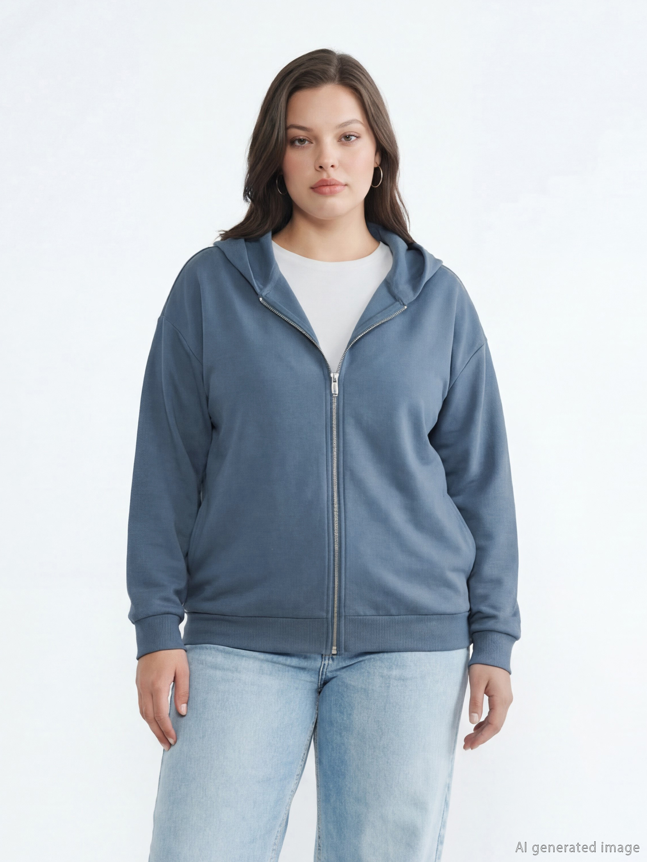 Gri Kapüşonlu Soft Touch Kadın Fermuarlı Sweatshirt-1