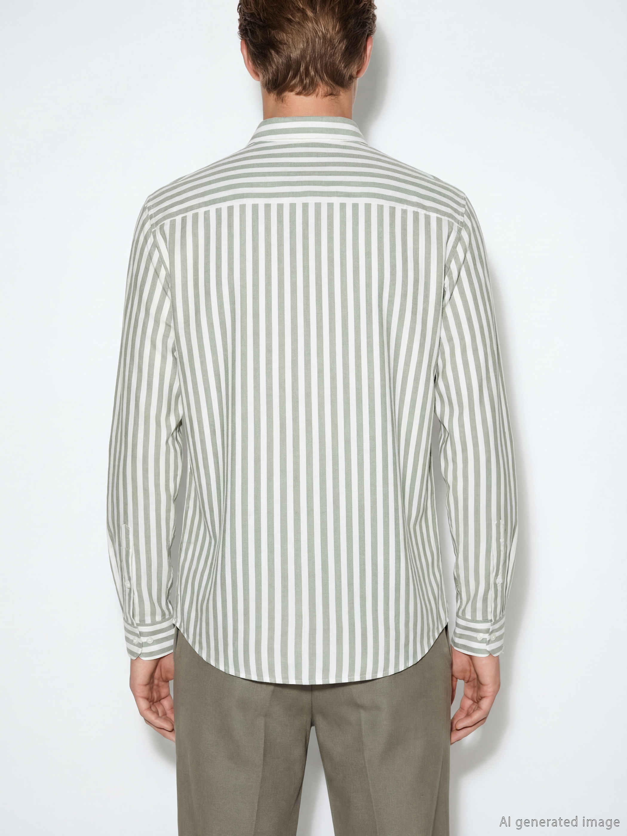 Haki Regular Fit Çizgili Keten Karışımlı Erkek Gömlek-3