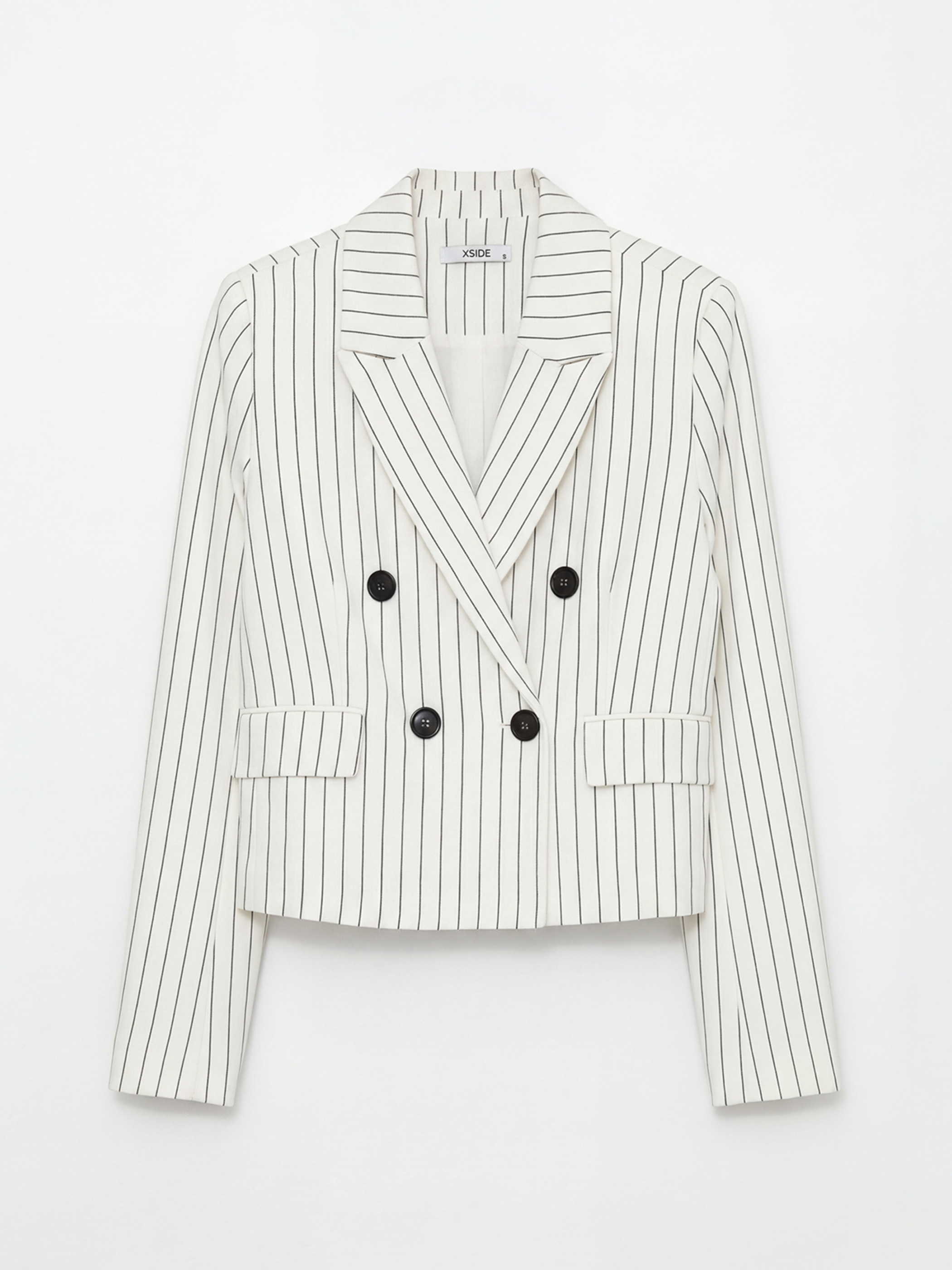 Beyaz Kruvaze Yaka Çizgili Kadın Blazer Ceket-5