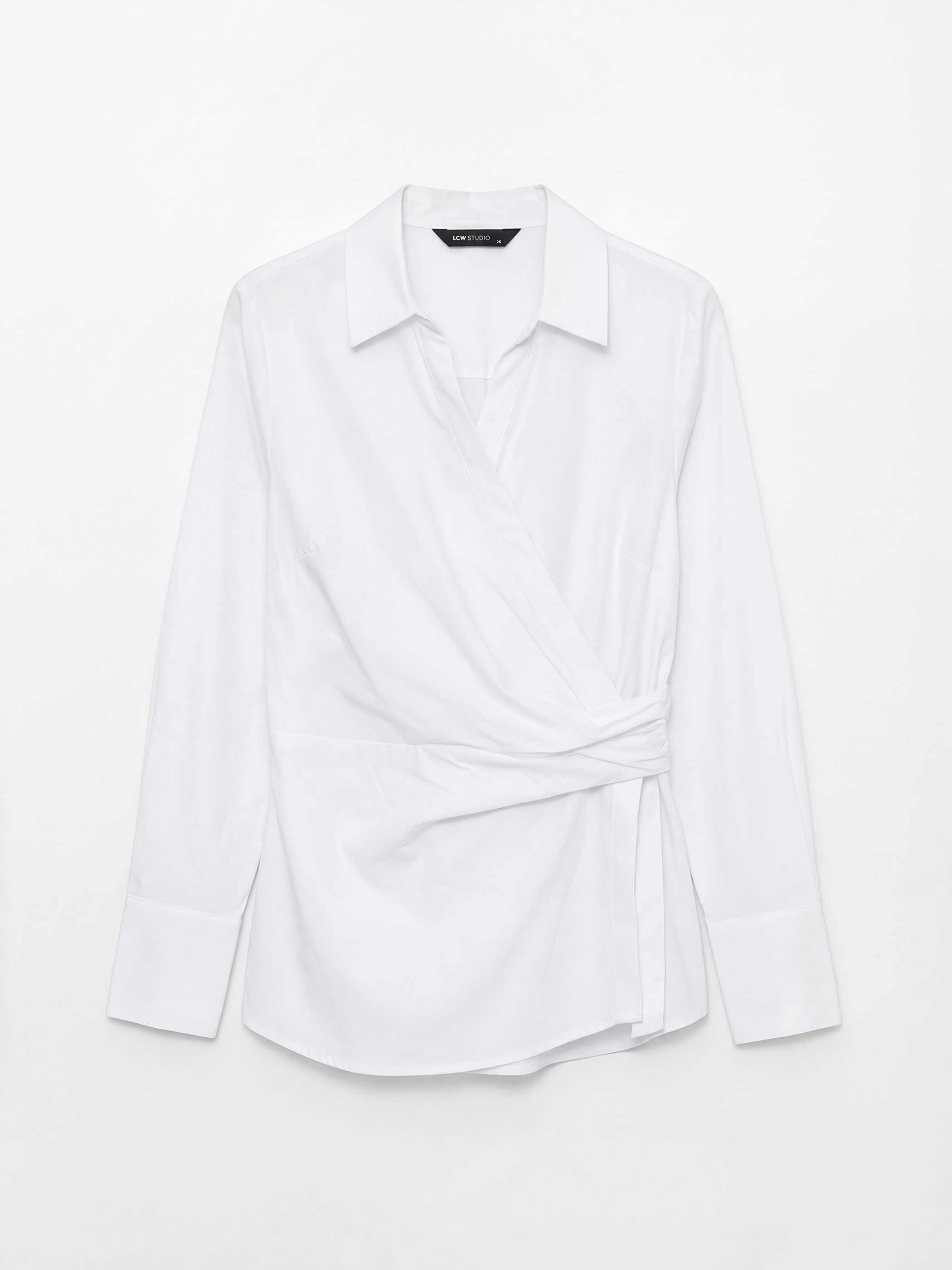 Beyaz Gömlek Yaka Kruvaze Kesim Büzgülü Bluz-4