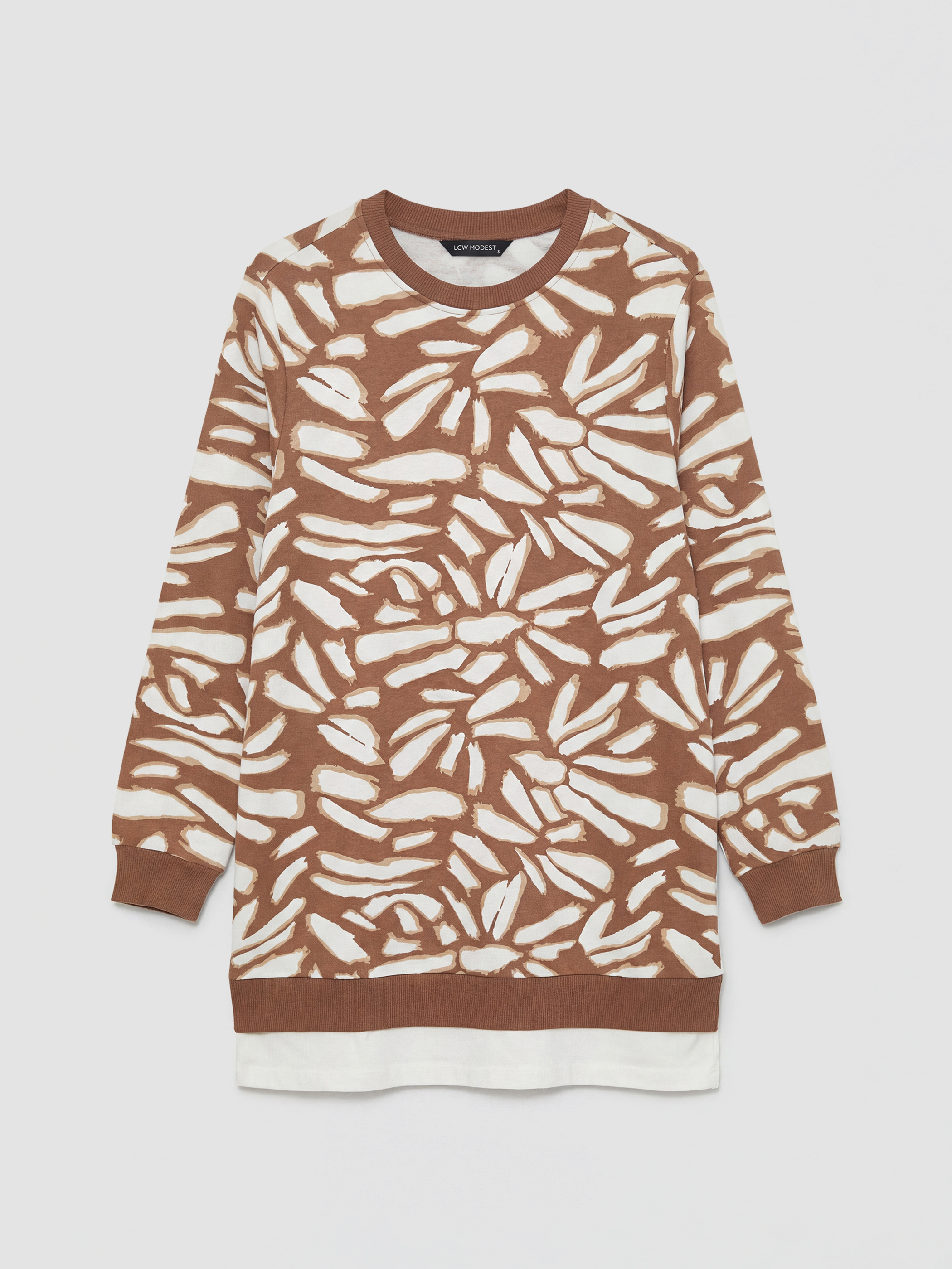 Kahverengi Bisiklet Yaka Desenli Kadın Sweatshirt Tunik-4