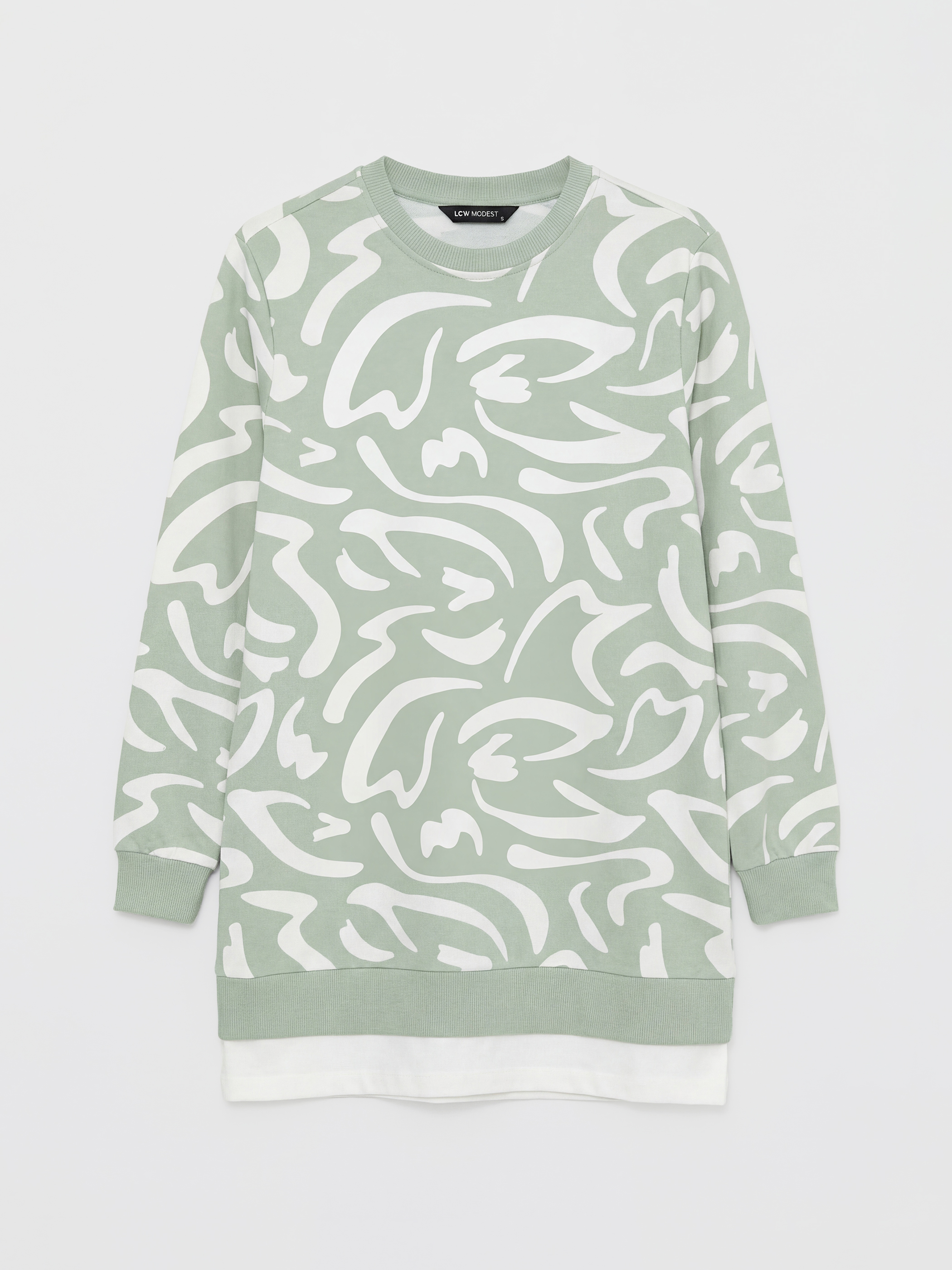 Yeşil Bisiklet Yaka Desenli Kadın Sweatshirt Tunik-1