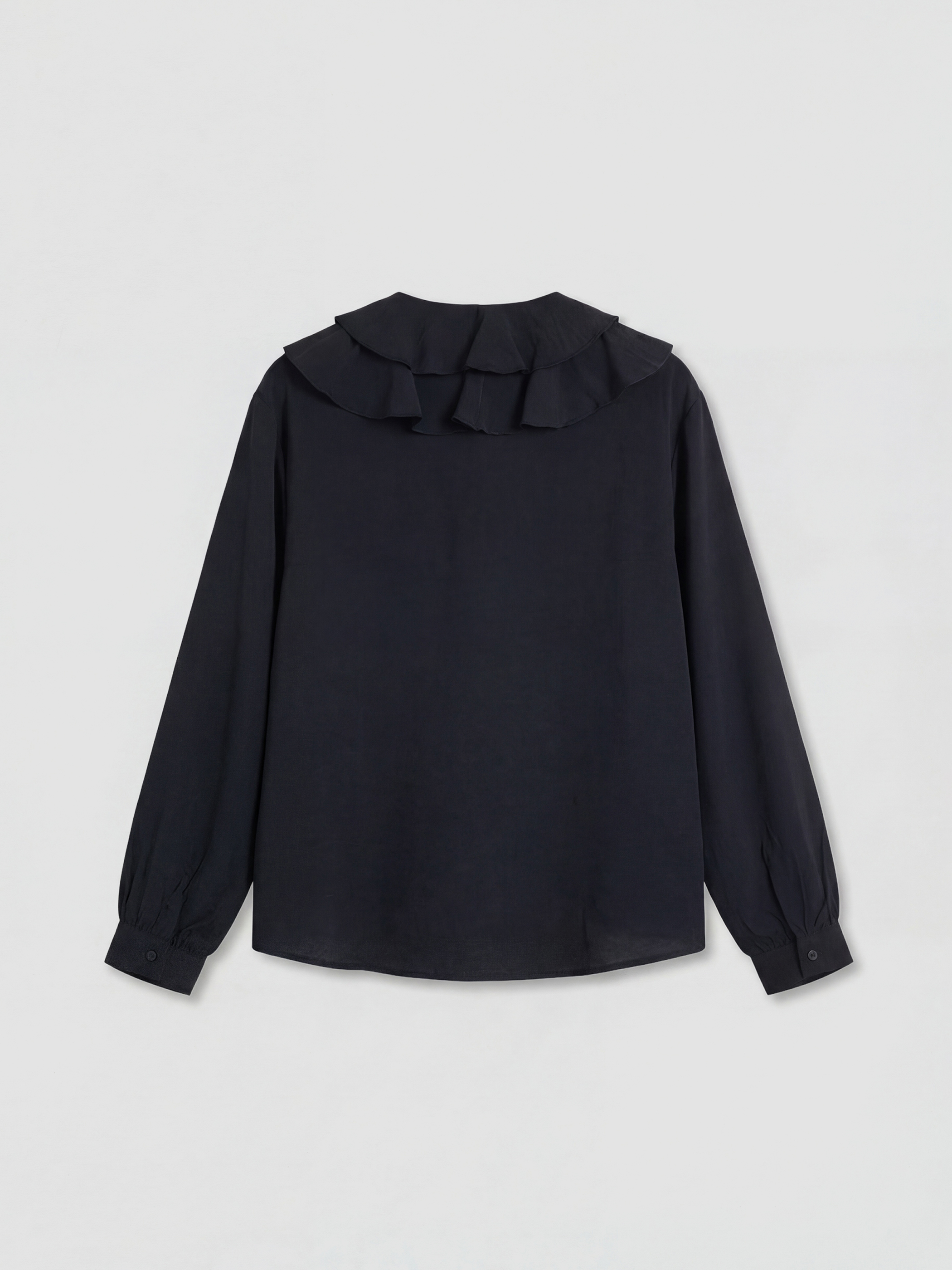 Siyah Bağlamalı Yaka Fırfırlı Oversize Bluz-5