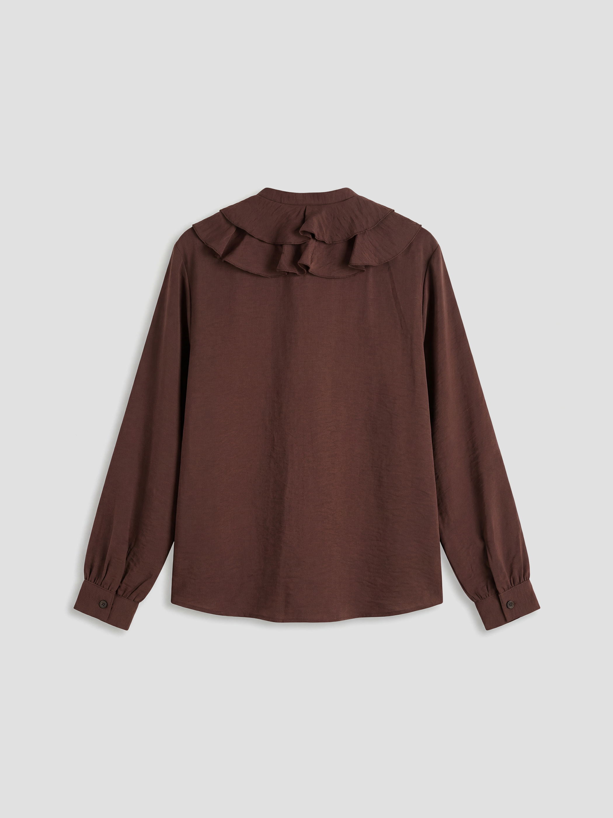 Kahverengi Bağlamalı Yaka Fırfırlı Oversize Bluz-1