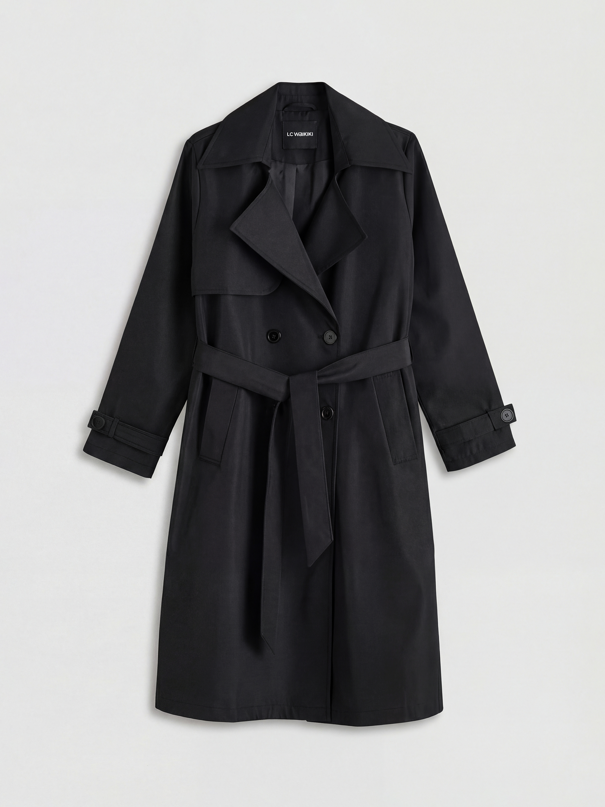 Siyah Kruvaze Yaka Kuşaklı Kadın Trençkot-5