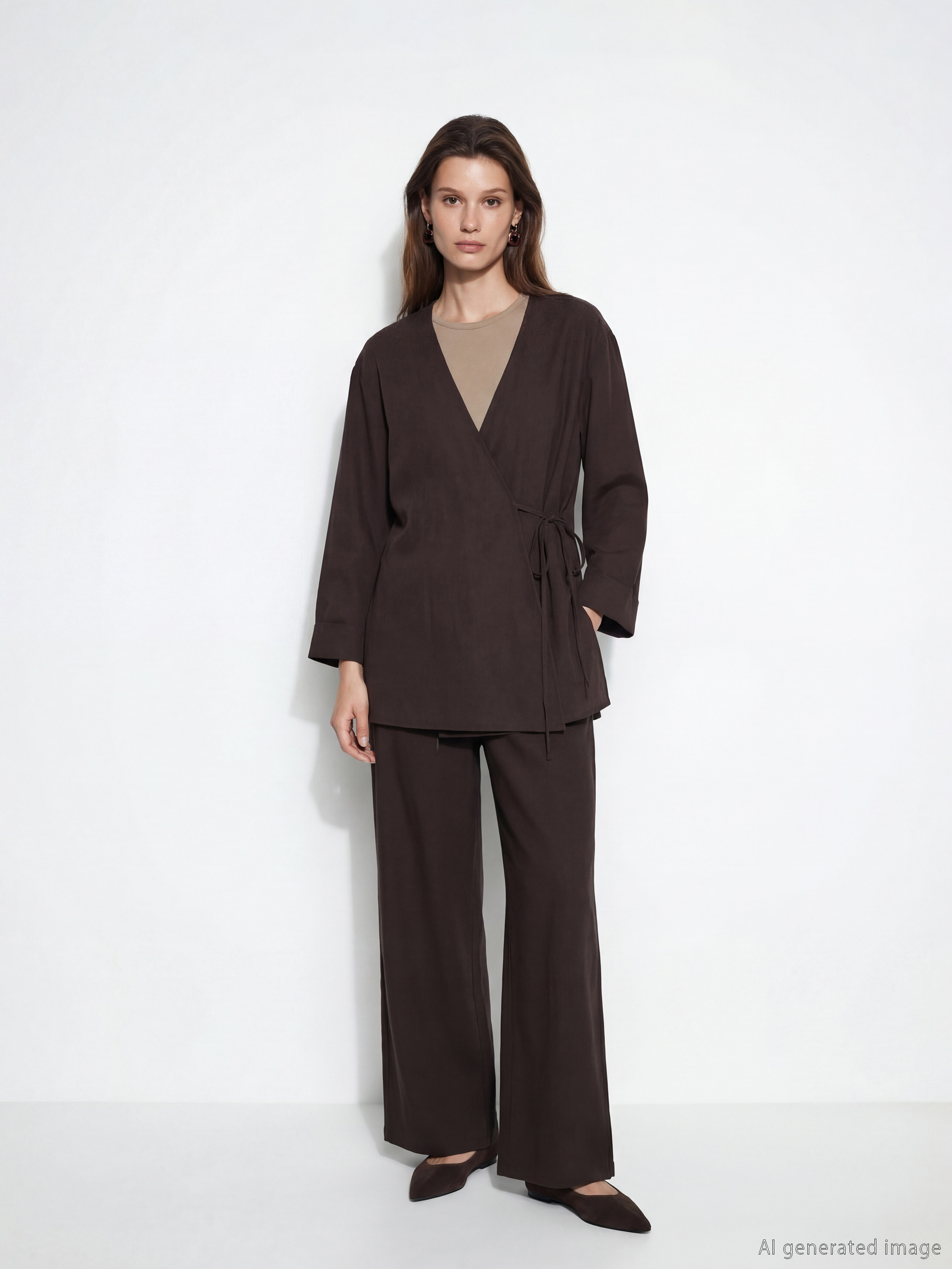 Kahverengi Kruvaze Yaka Dokulu Modal Karışımlı Kadın Kimono-1