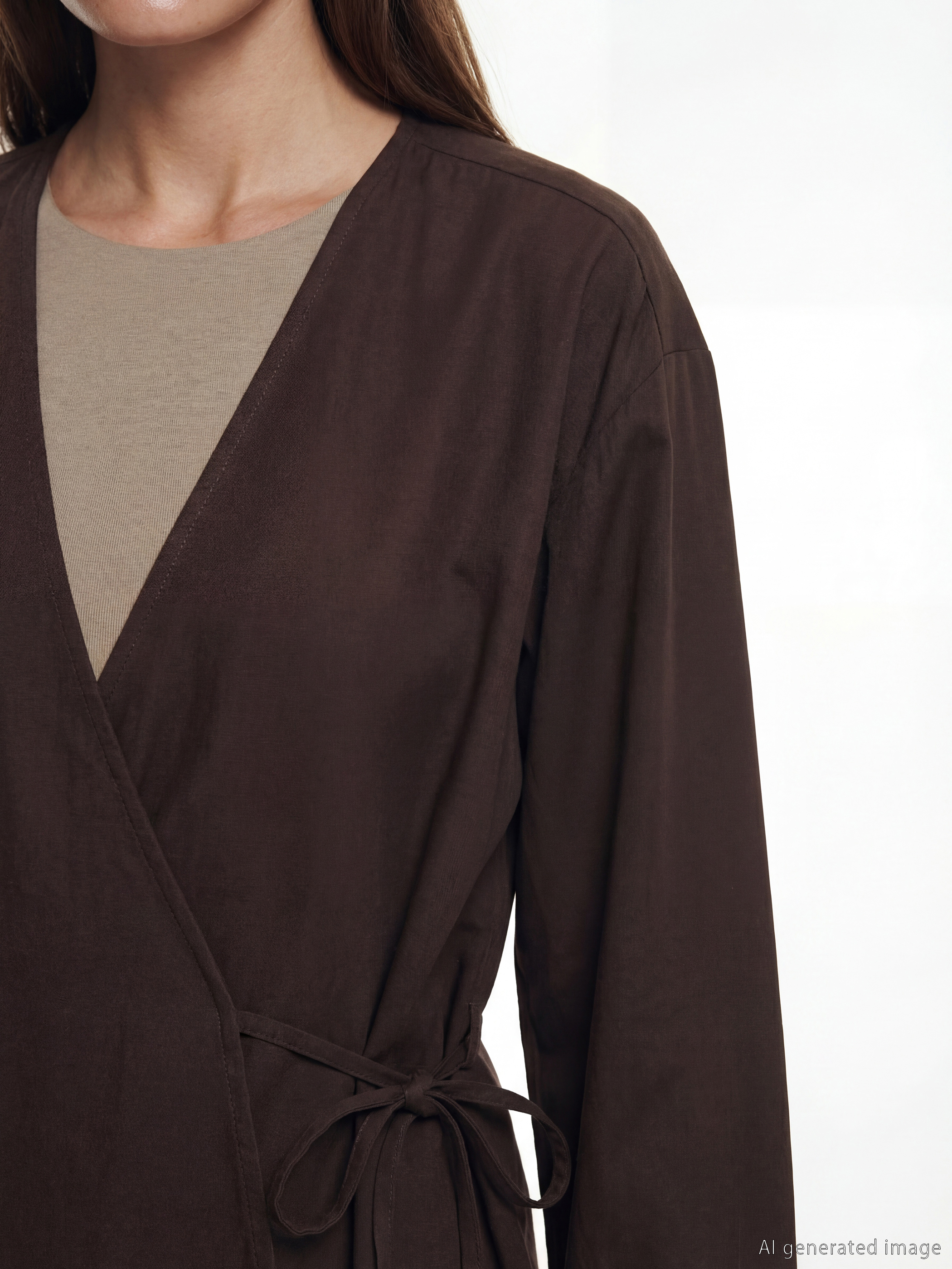 Kahverengi Kruvaze Yaka Dokulu Modal Karışımlı Kadın Kimono-2