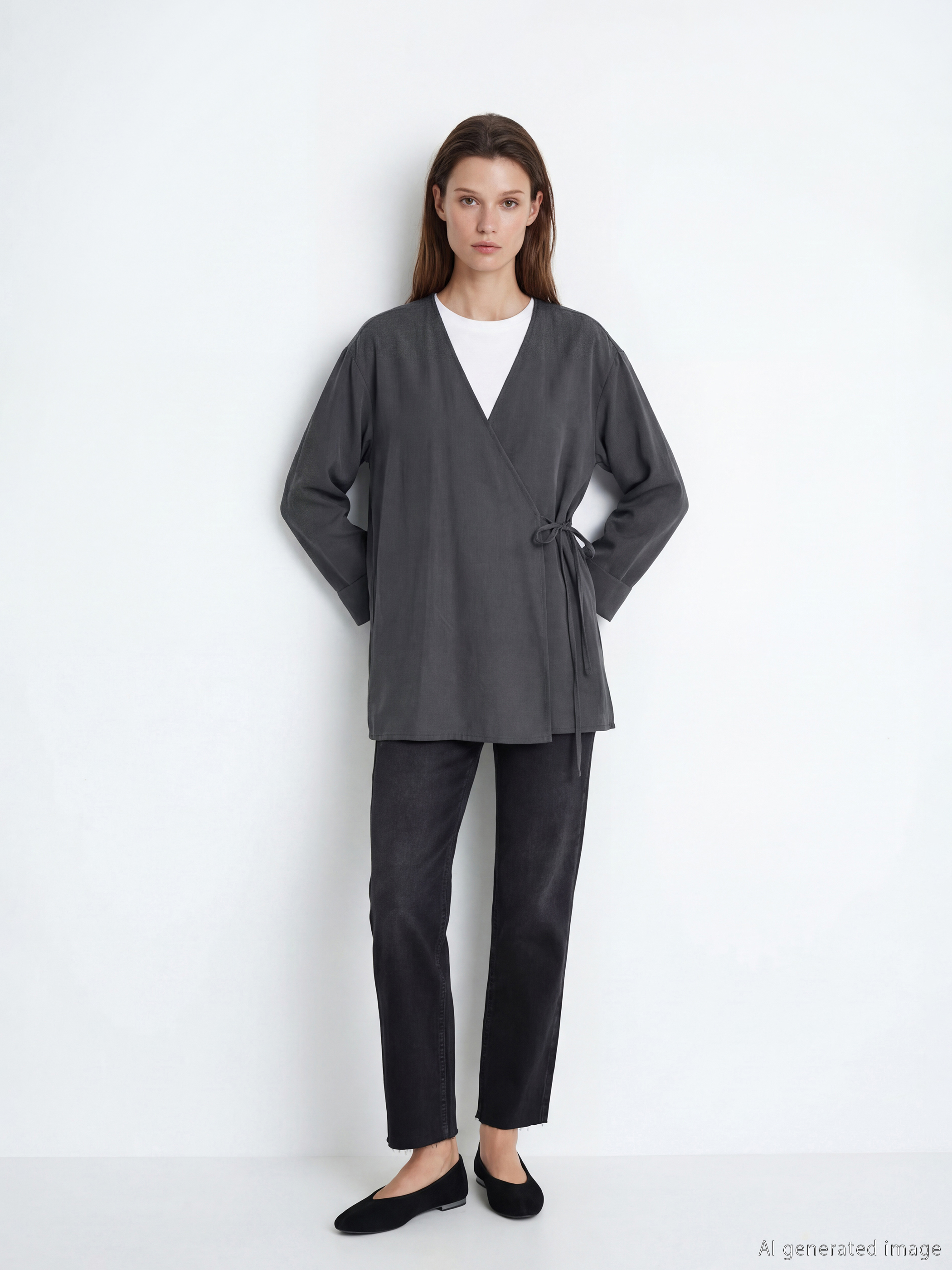 Gri Kruvaze Yaka Dokulu Modal Karışımlı Kadın Kimono-1