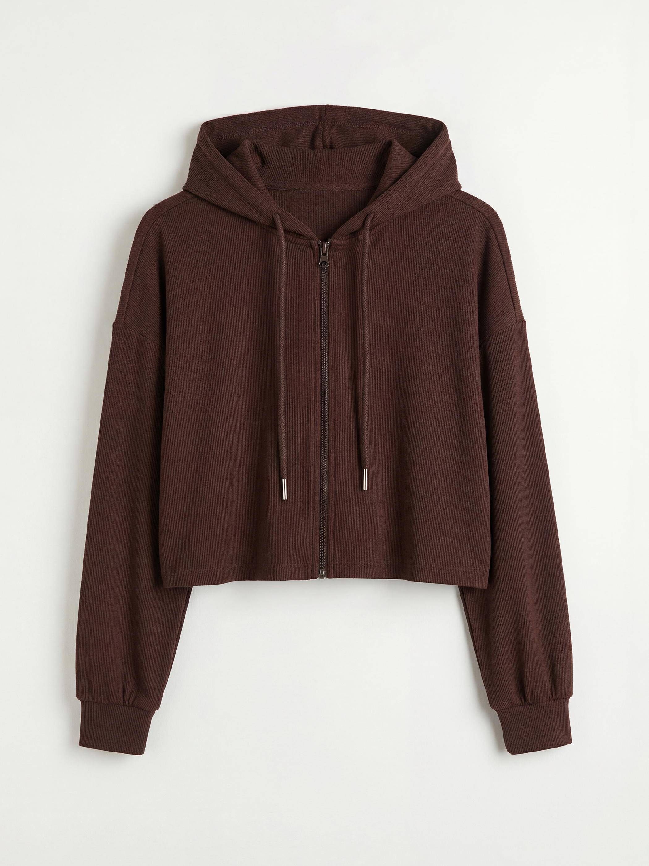 Kahverengi Kapüşonlu Soft Touch Kadın Fermuarlı Sweatshirt-4