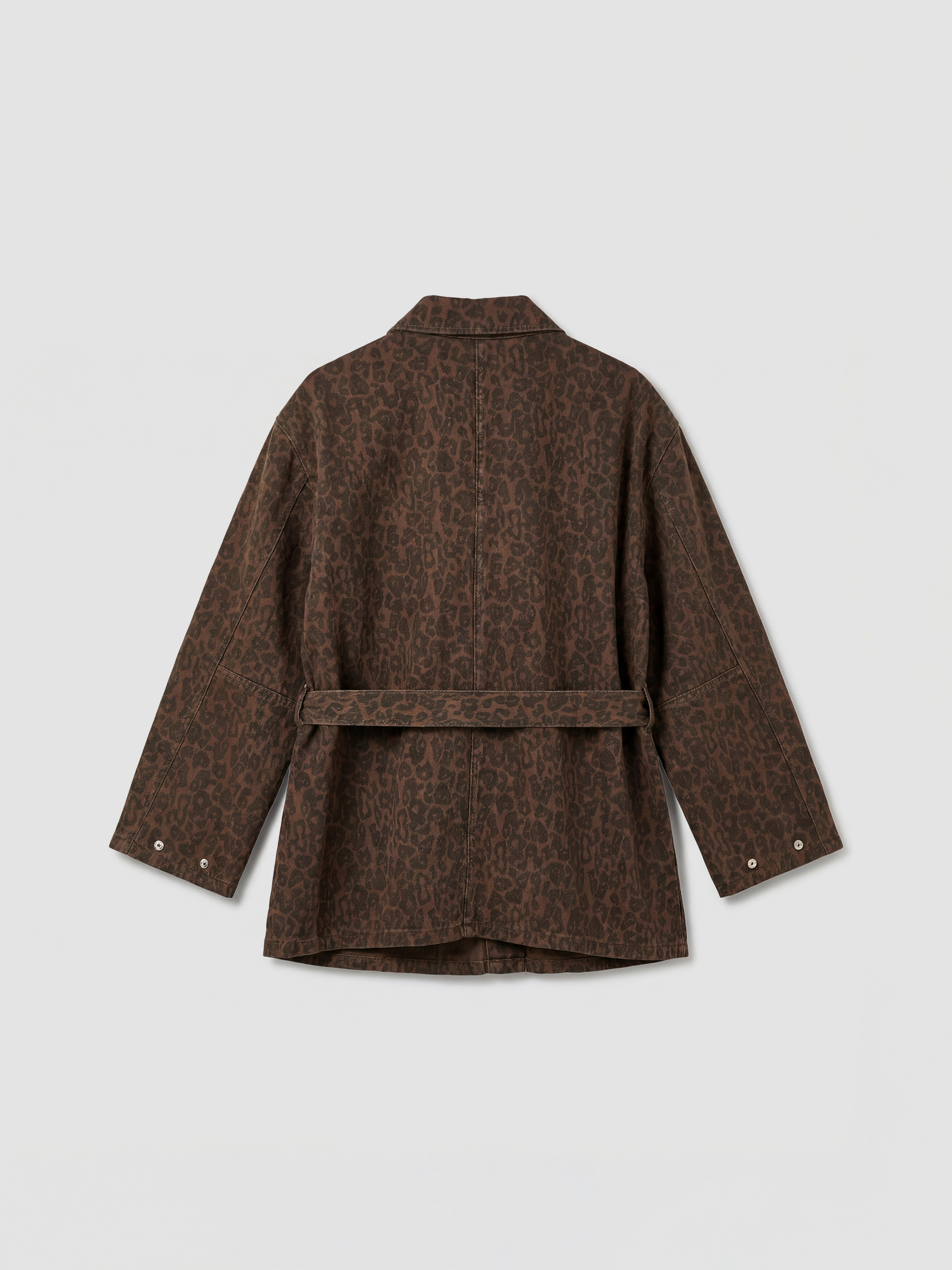 Kahverengi Gömlek Yaka Leopar Desenli Kadın Jean Ceket-1