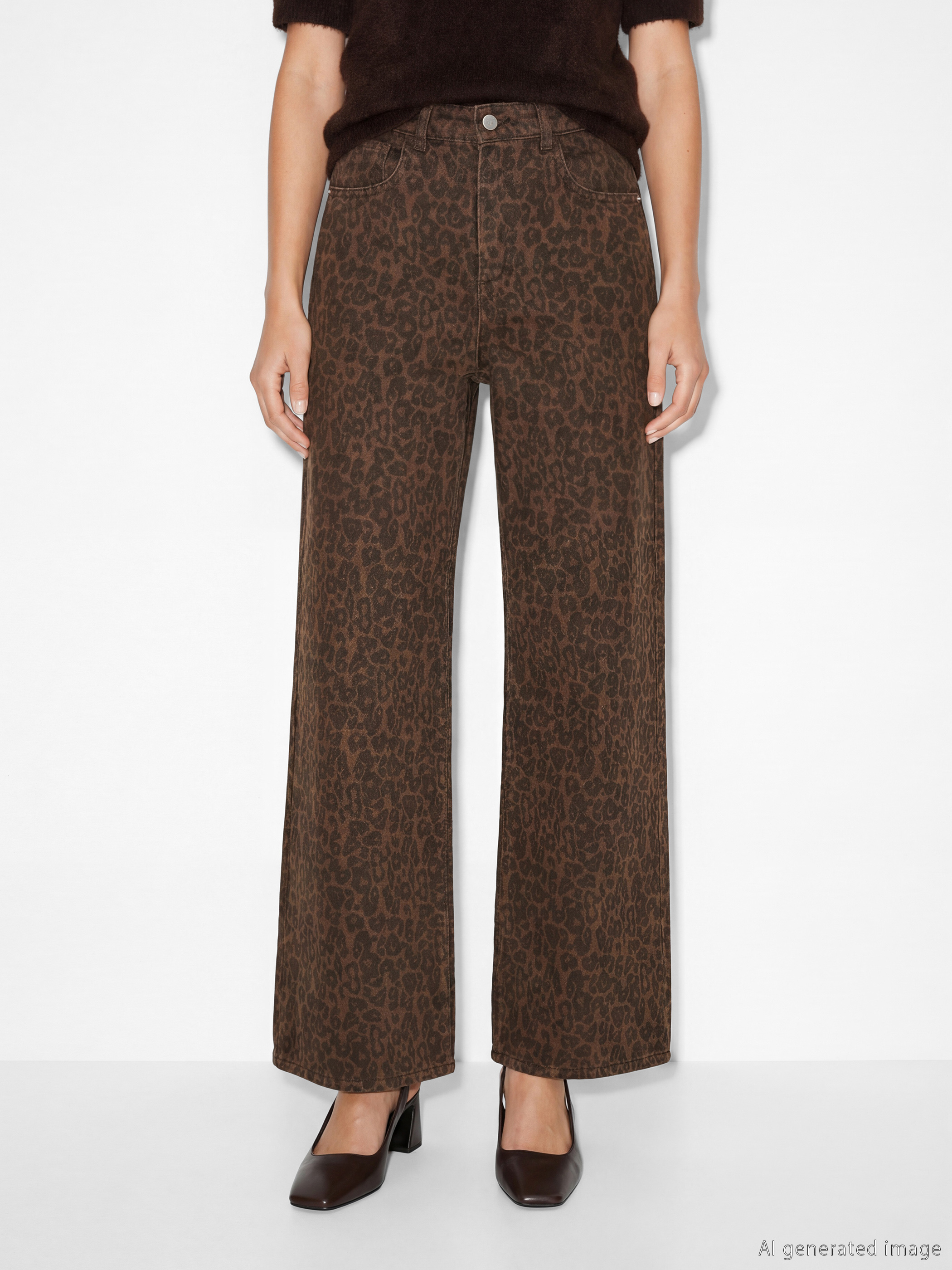 Kahverengi Wideleg Leopar Desenli Kadın Jean Pantolon-1