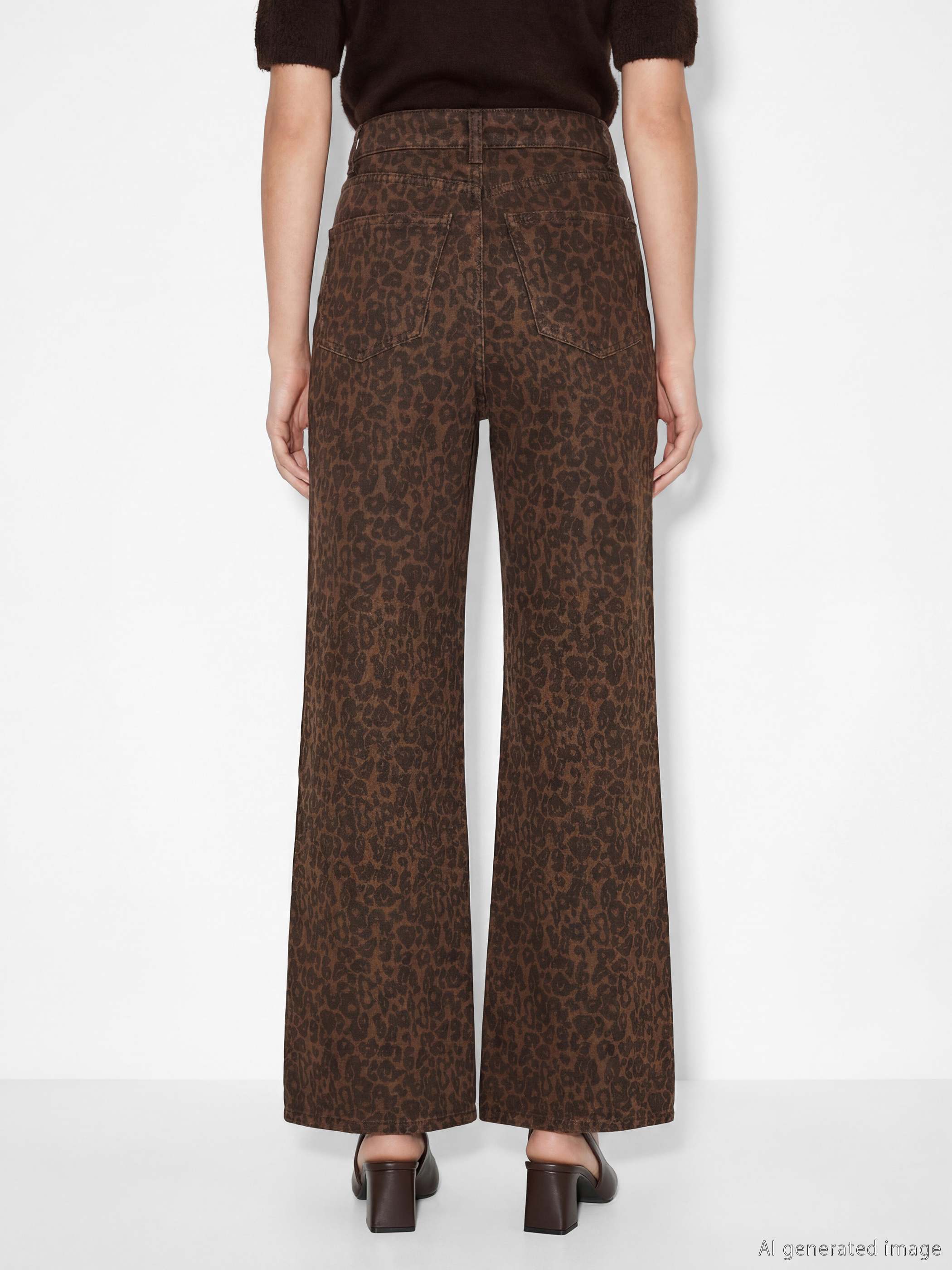 Kahverengi Wideleg Leopar Desenli Kadın Jean Pantolon-3