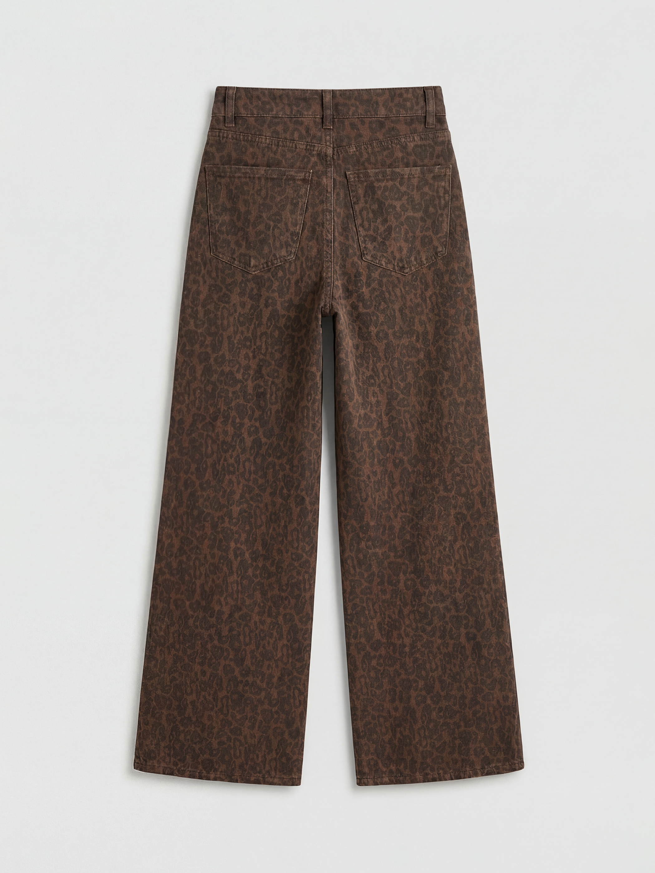 Kahverengi Wideleg Leopar Desenli Kadın Jean Pantolon-1