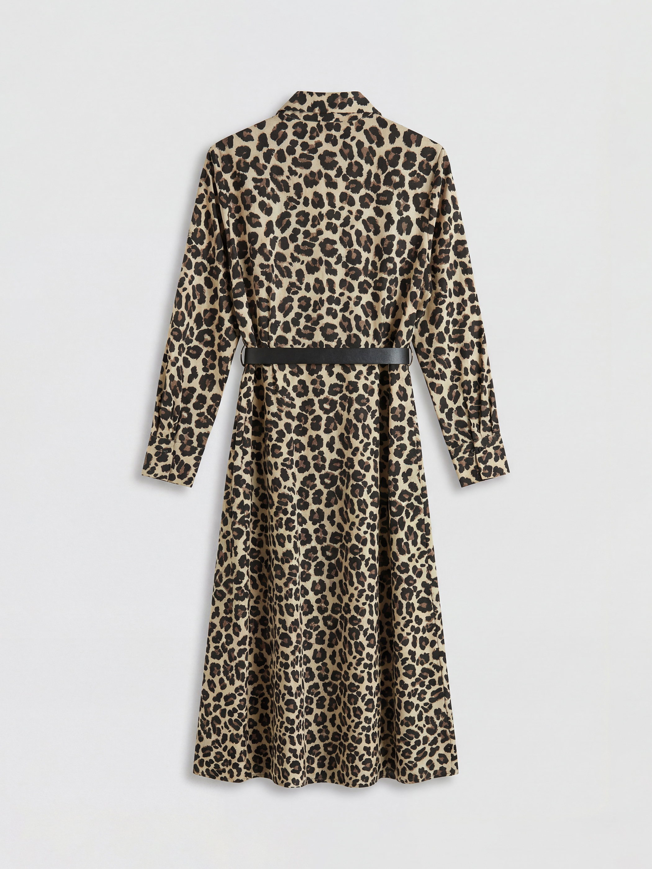 Kahverengi Leopar Desenli Kemerli Poplin Gömlek Elbise-1