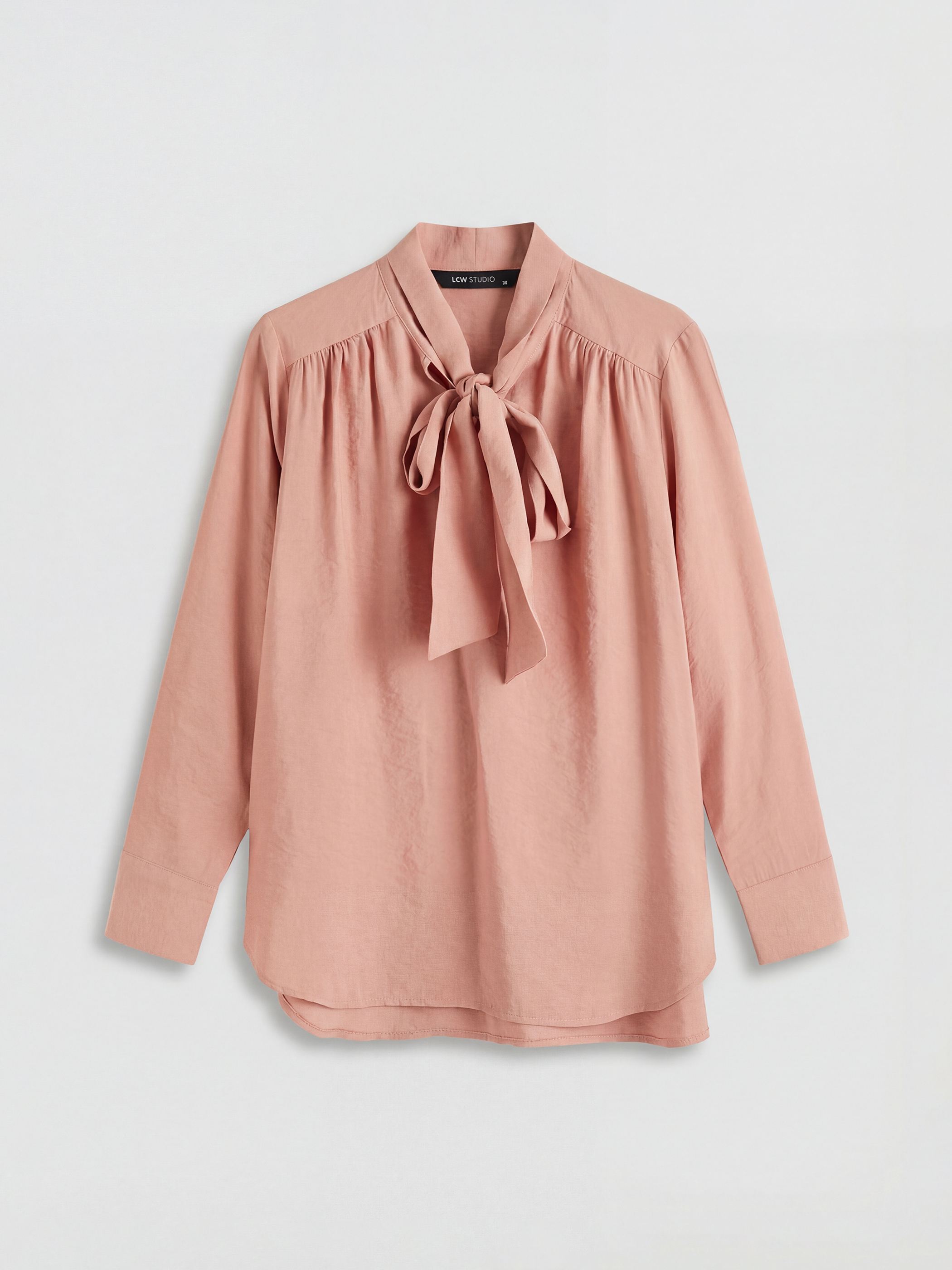 Pembe Fular Yaka Büzgülü Oversize Bluz-4