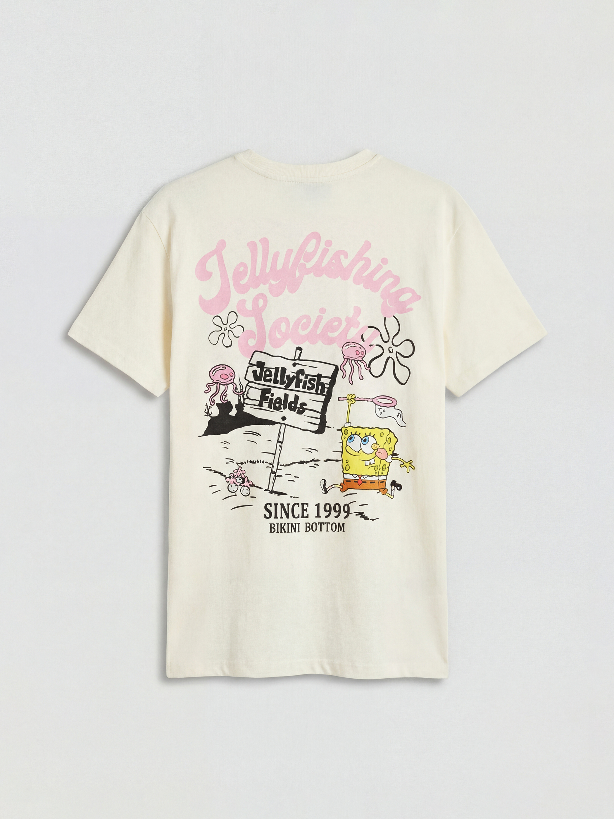 Bej Bisiklet Yaka Sünger Bob Baskılı Kadın Tişört-1