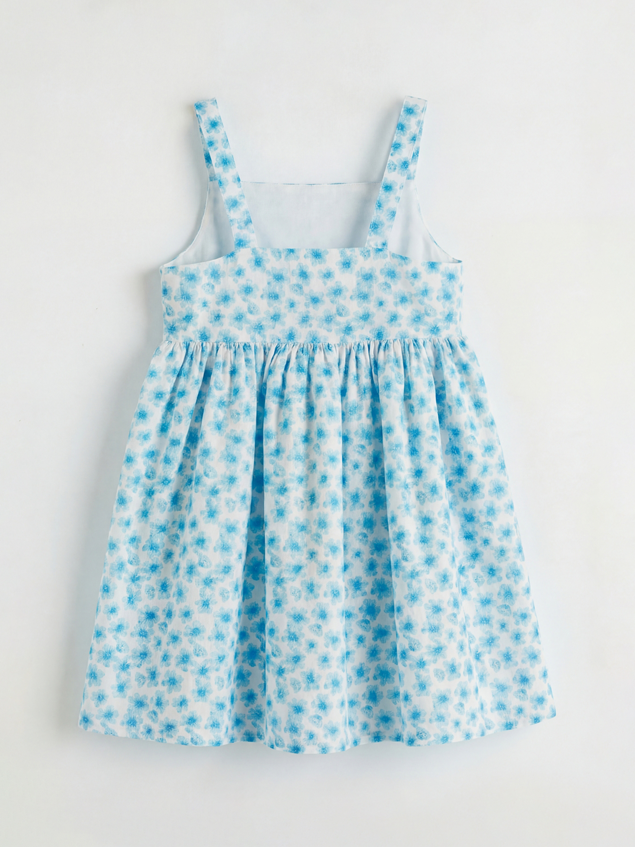 Mavi Kare Yaka Çiçek Desenli Kız Çocuk Poplin Elbise-1