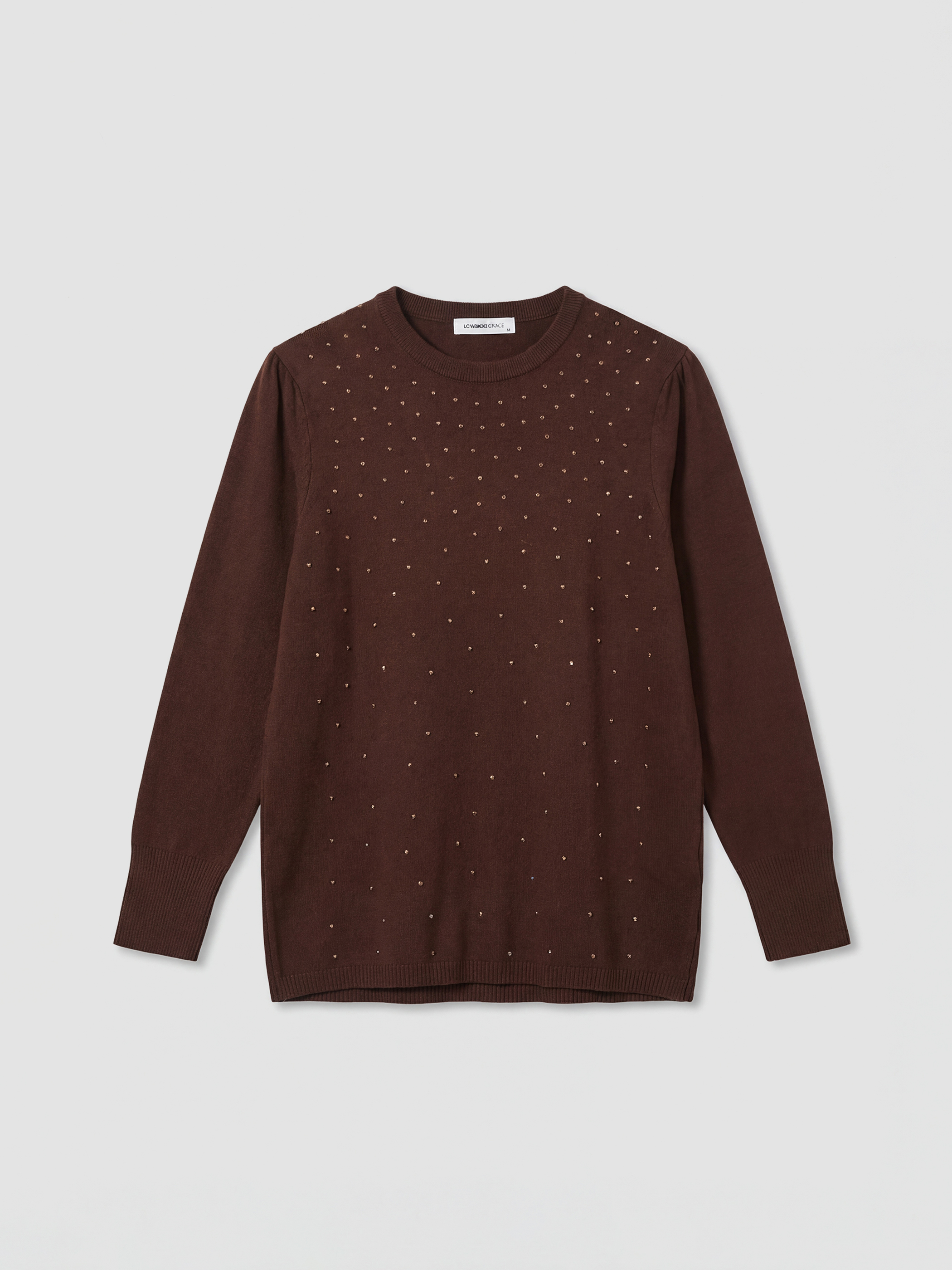 Kahverengi Bisiklet Yaka Taşlı Kadın Triko Kazak-4