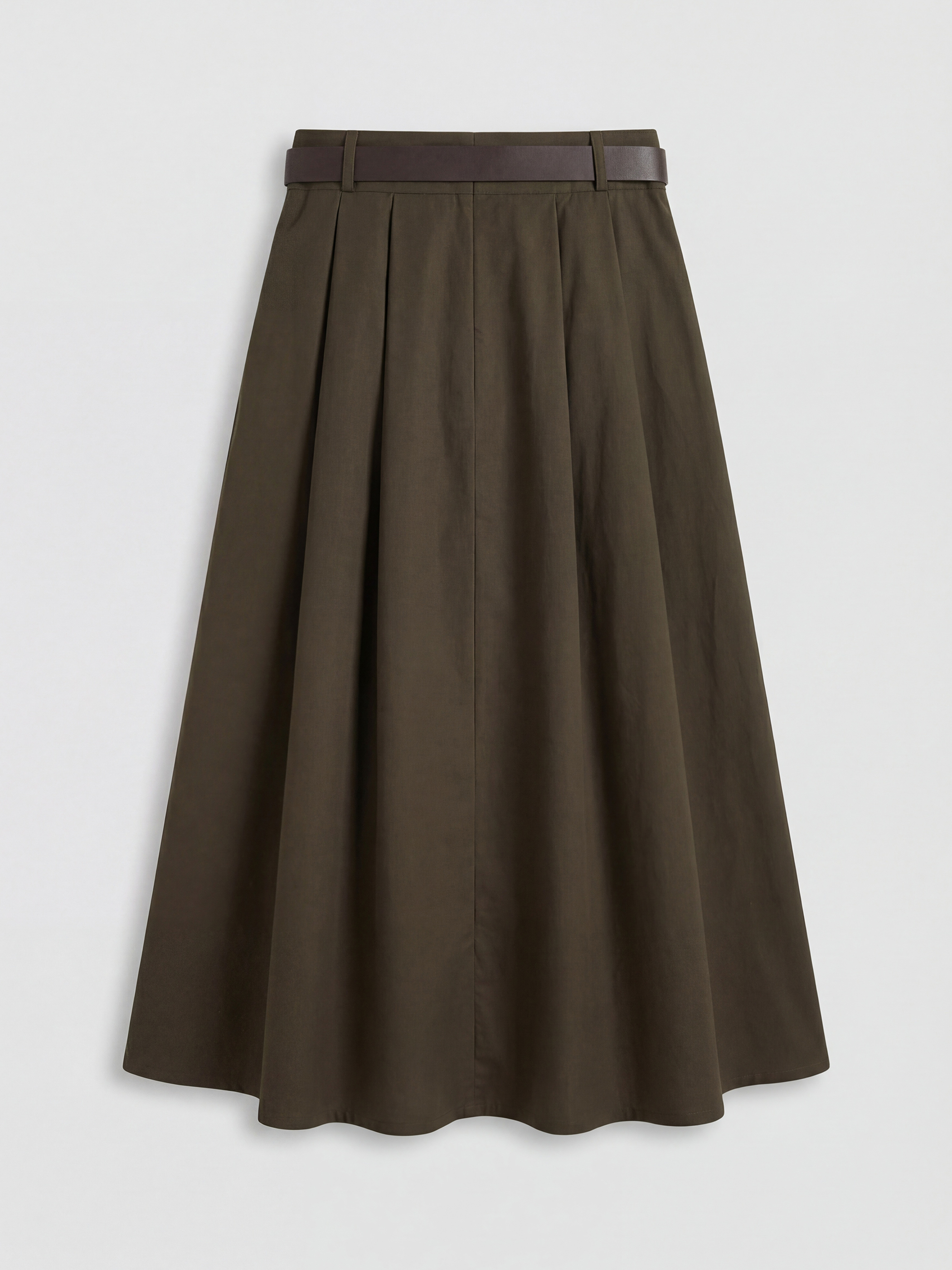 Haki Beli Fermuarlı Kemerli A Kesim Poplin Etek-1