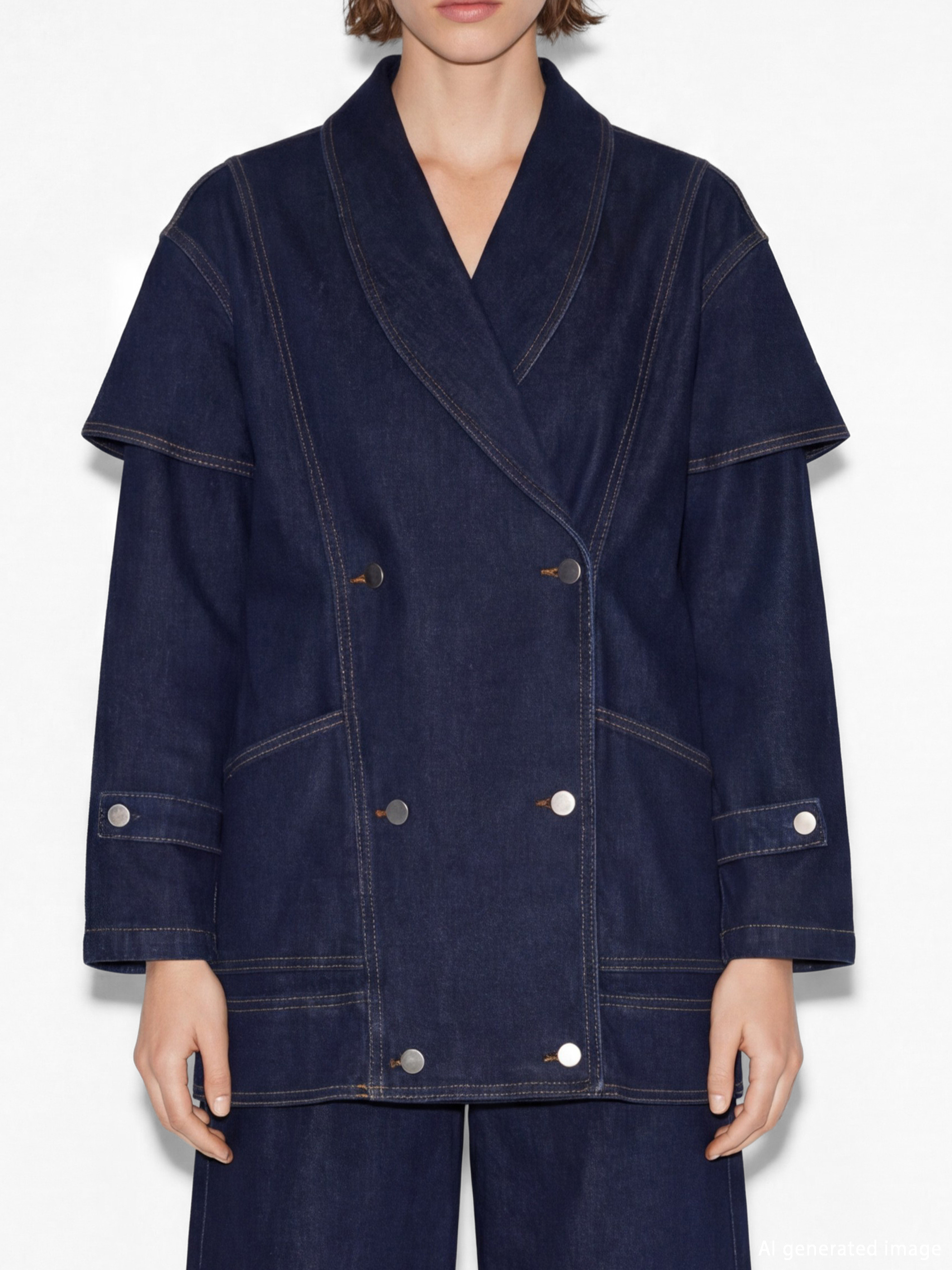 Lacivert Kruvaze Yaka Kadın Jean Ceket-4