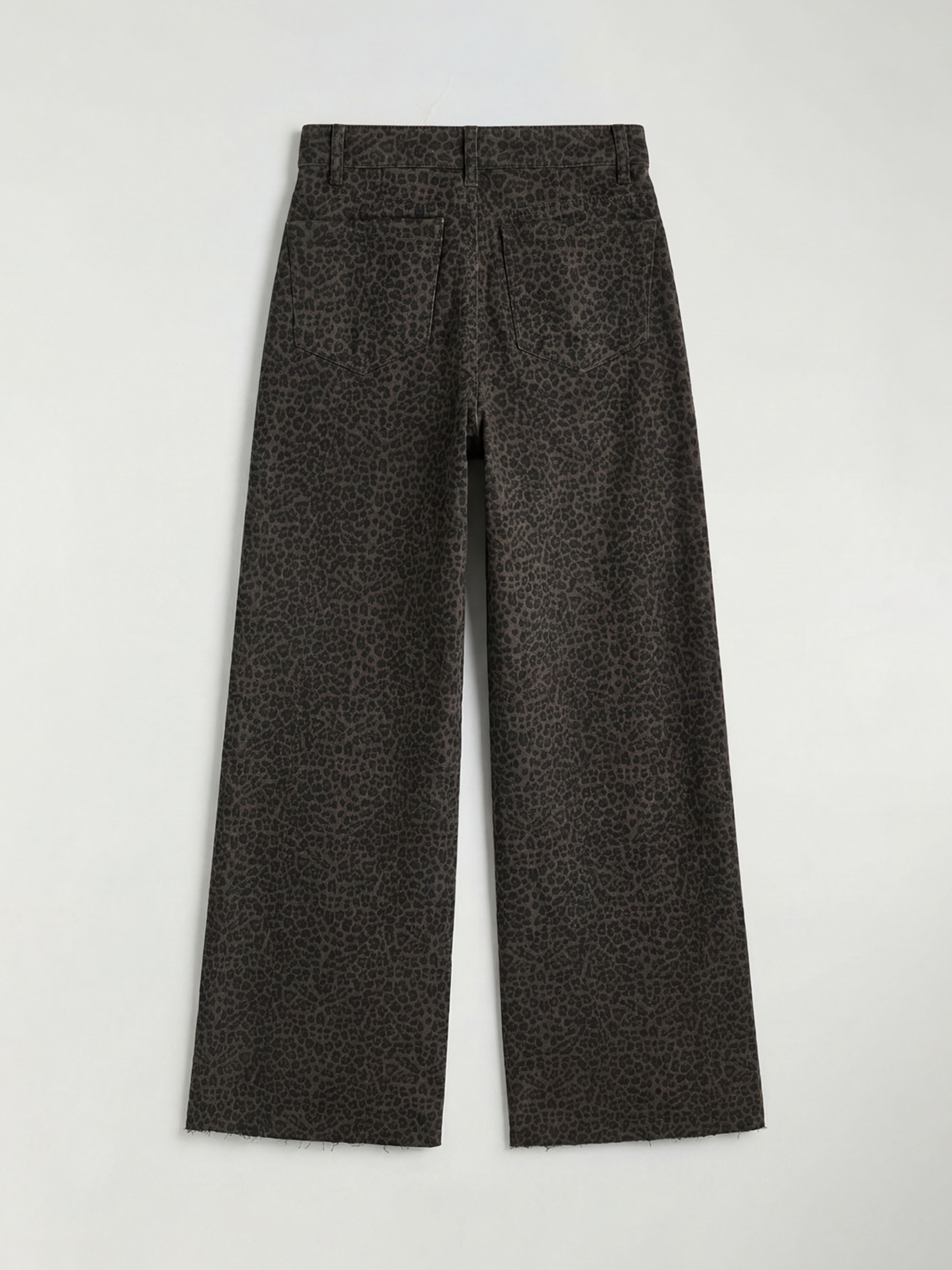 Kahverengi Wideleg Leopar Desenli Kadın Jean Pantolon-1