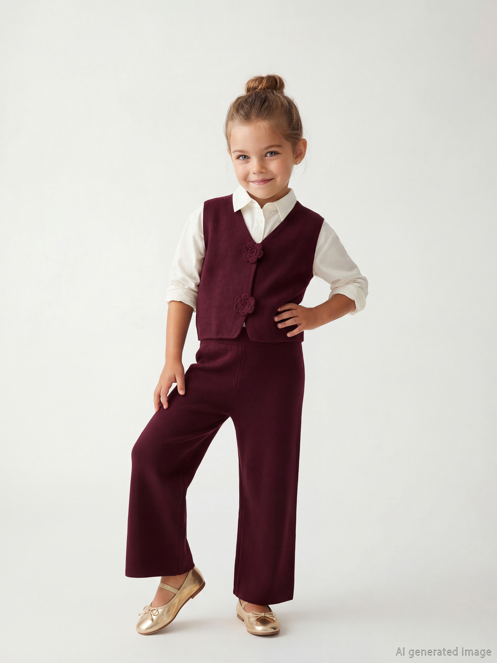 LCW Kids Çiçekli Düğmeli Kız Çocuk Triko Yelekli Takım - S6M443Z1-R3J