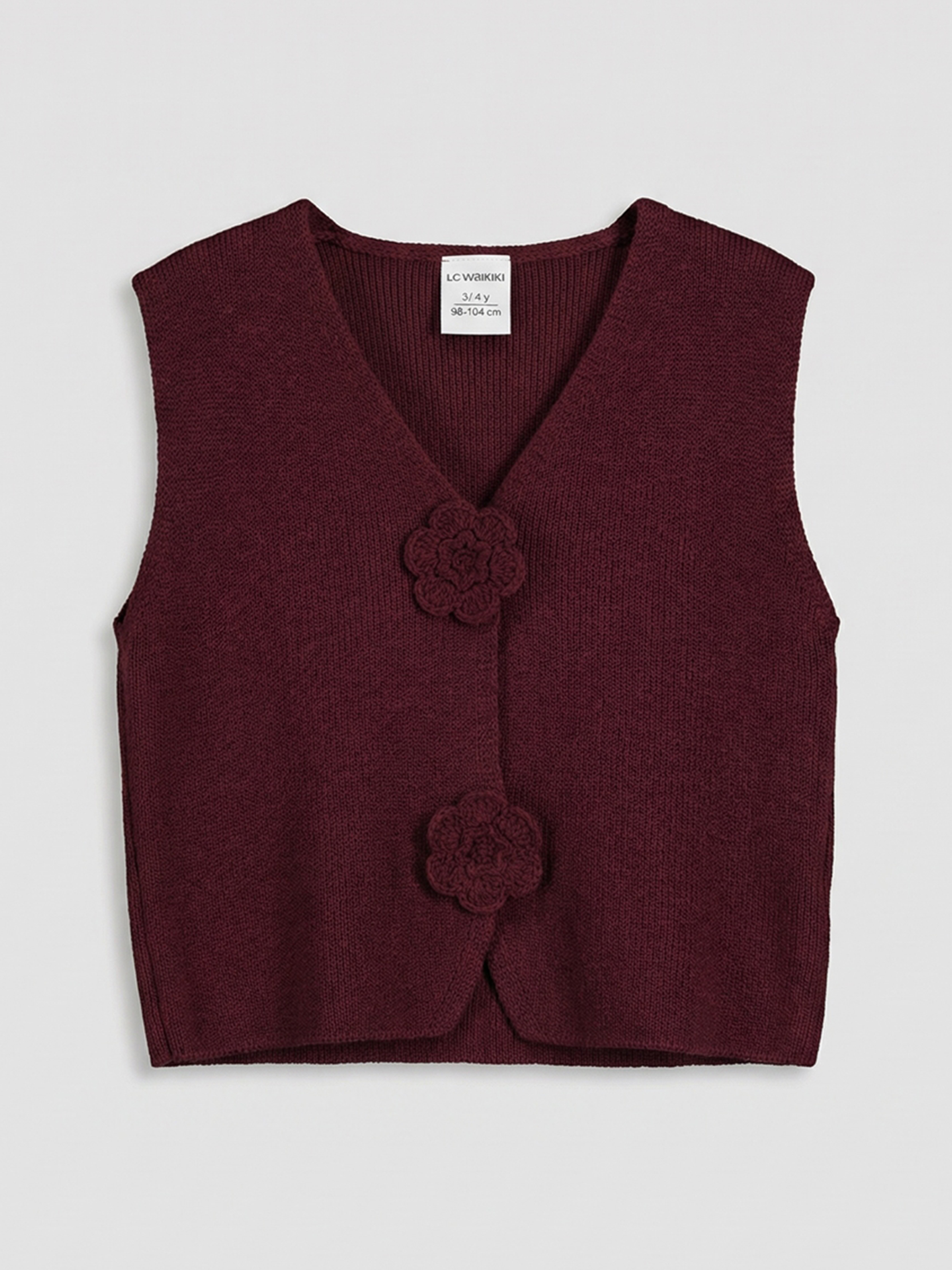 Bordo Çiçekli Düğmeli Kız Çocuk Triko Yelekli Takım-1