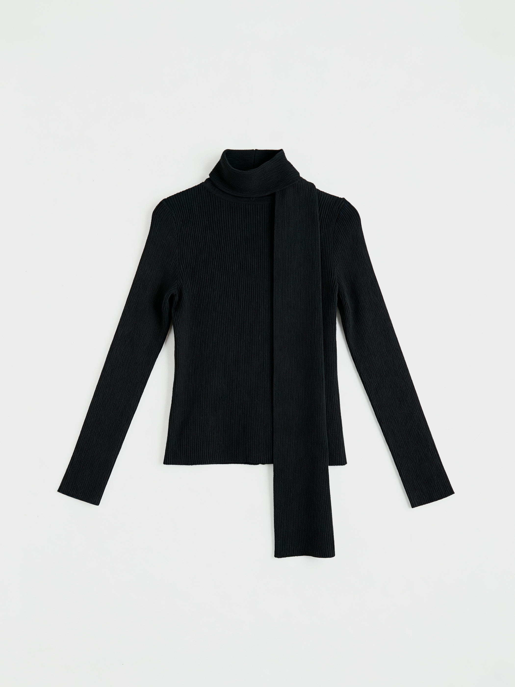 Siyah Fular Yaka Fitilli Kadın Triko Hırka-5