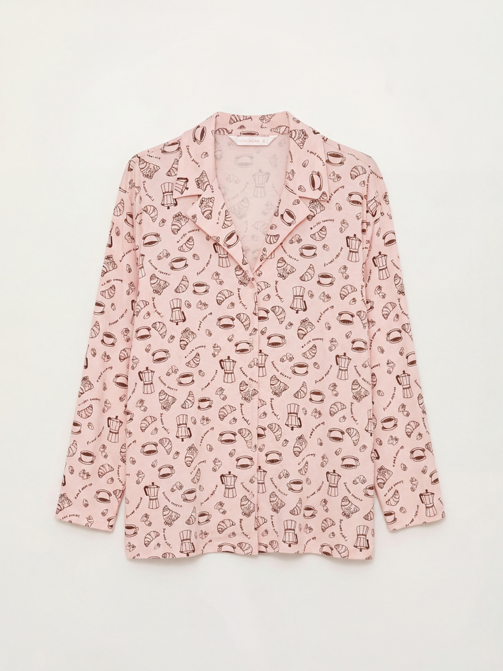 Pembe Gömlek Yaka Desenli Kadın Pijama Takım-1