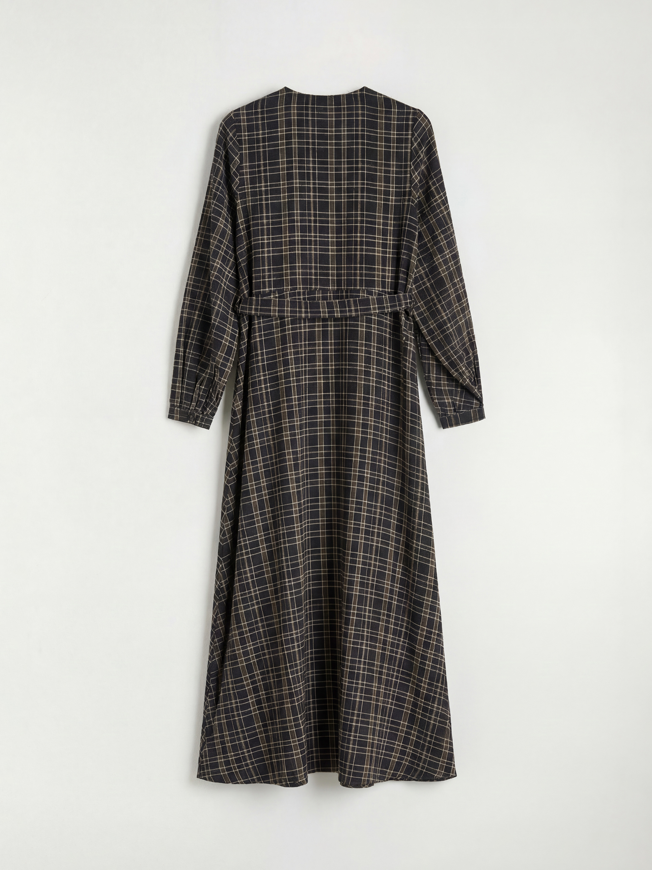 Siyah Hakim Yaka Ekose Kuşaklı Elbise-5