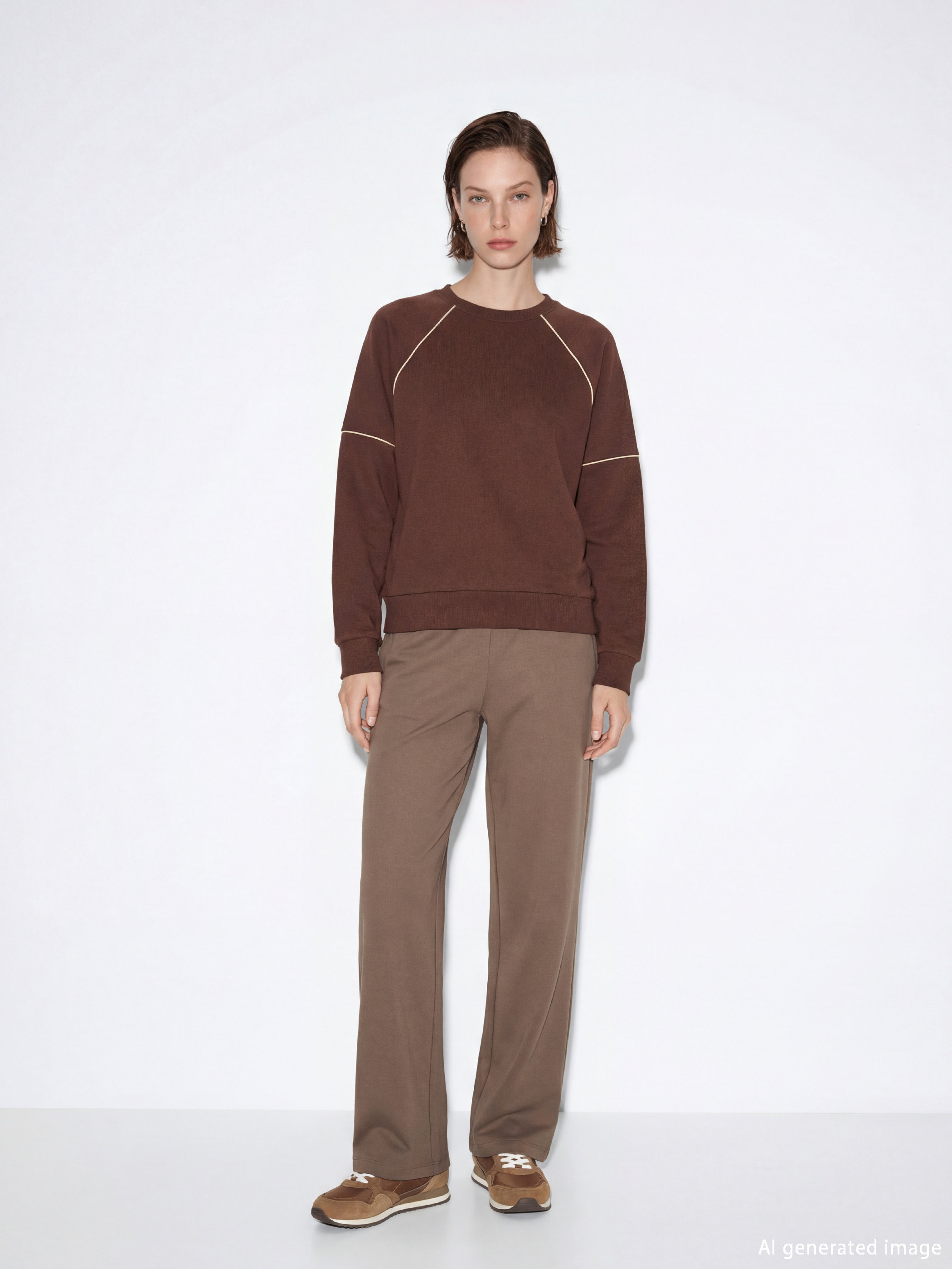 Kahverengi Bisiklet Yaka Kadın Sweatshirt-1