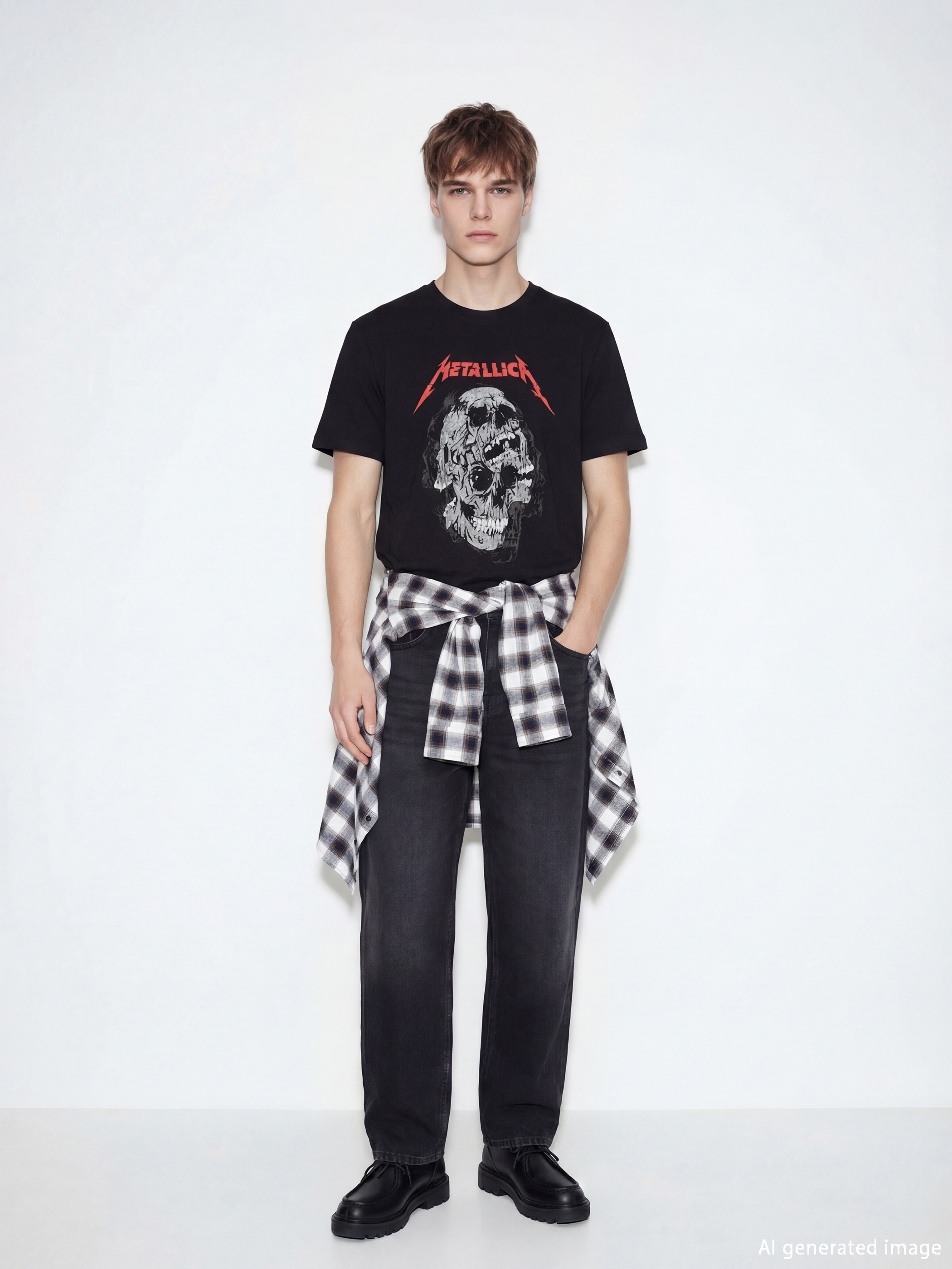 Siyah Bisiklet Yaka Metallica Baskılı Erkek Tişört-1