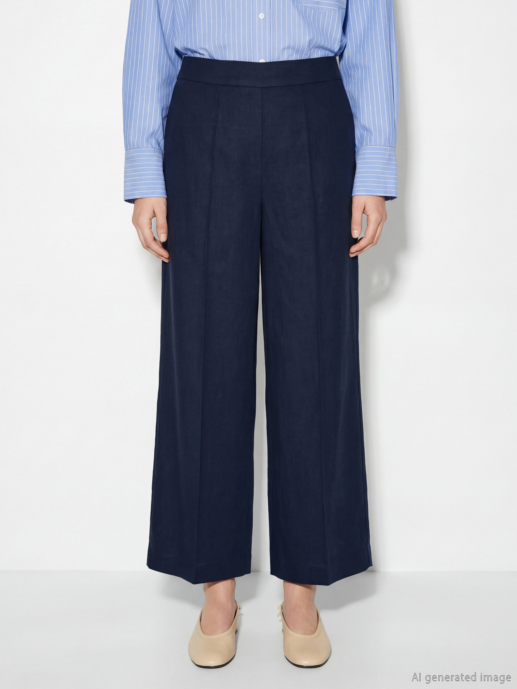 Lacivert Beli Lastikli Geniş Paça Kadın Pantolon-1