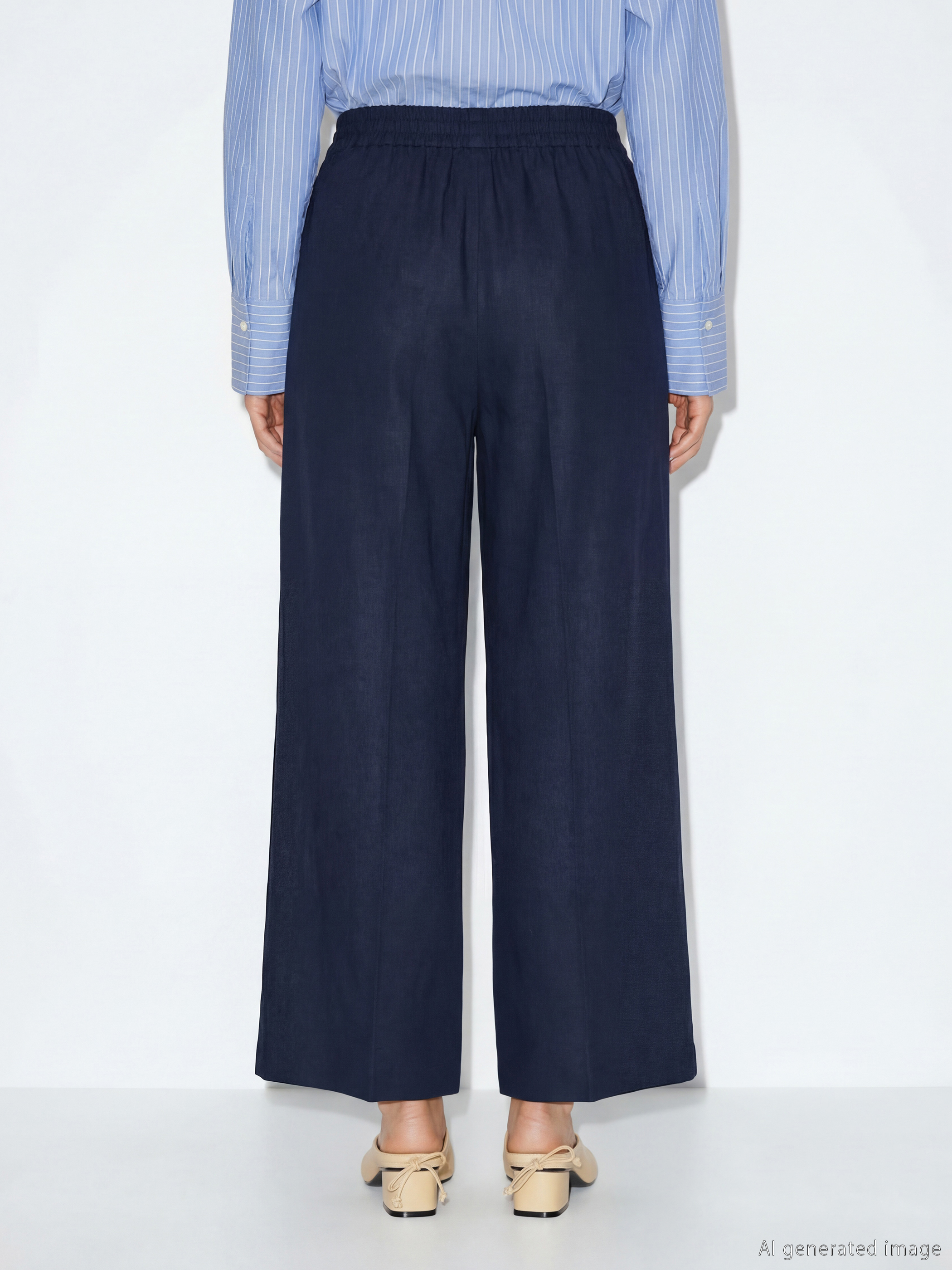 Lacivert Beli Lastikli Geniş Paça Kadın Pantolon-2