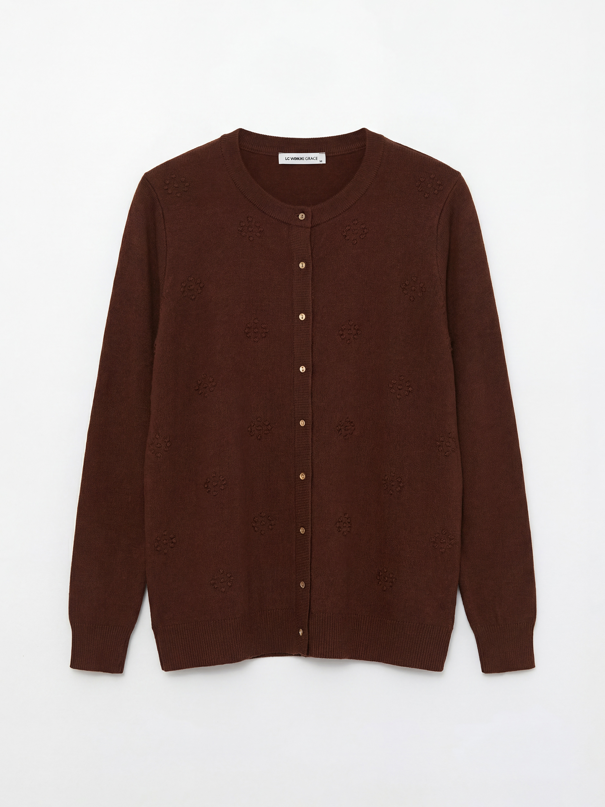 Kahverengi Bisiklet Yaka Kendinden Desenli Kadın Triko Hırka-1