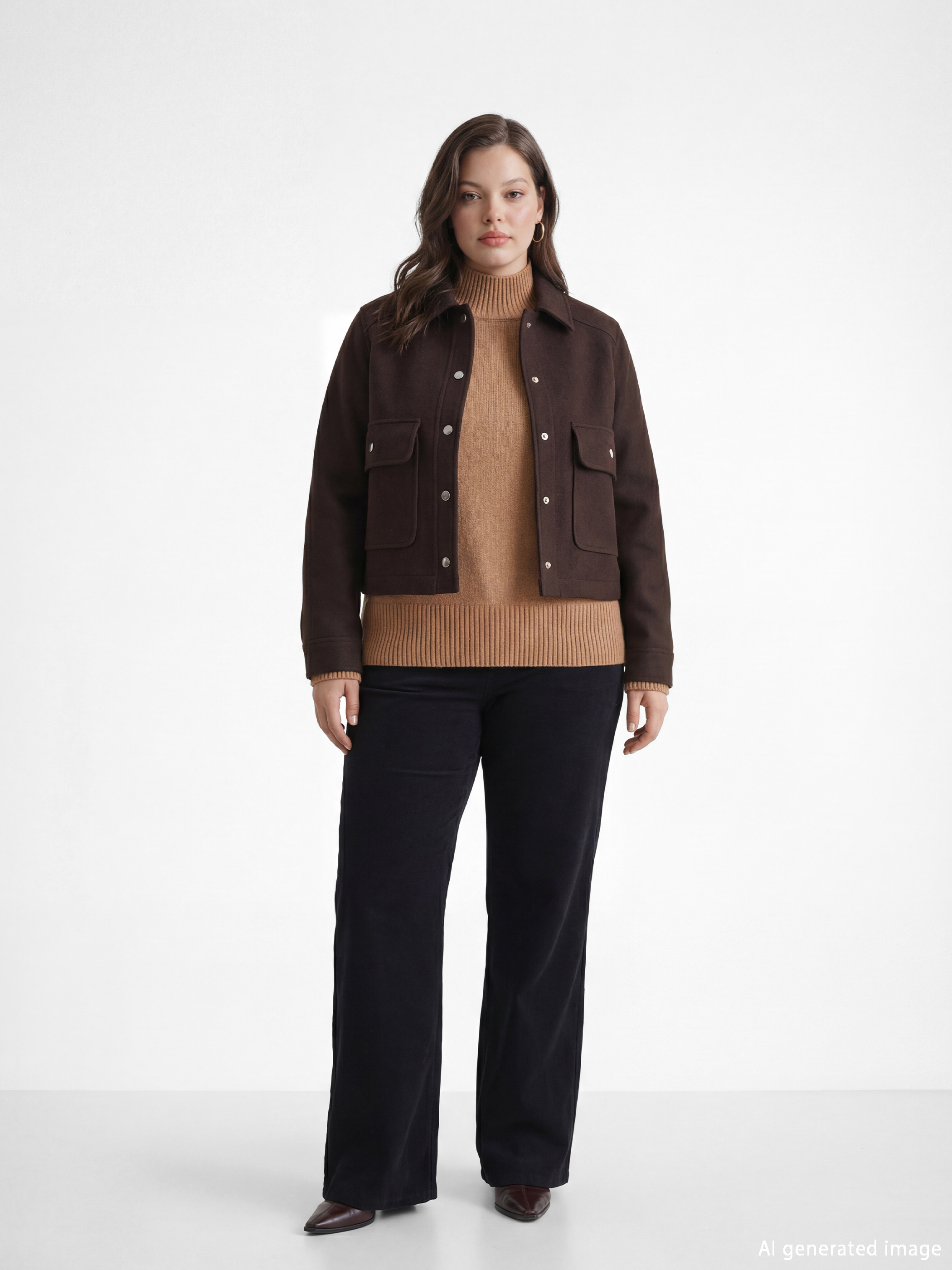 Kahverengi Gömlek Yaka Kadın Kaşe Ceket-1