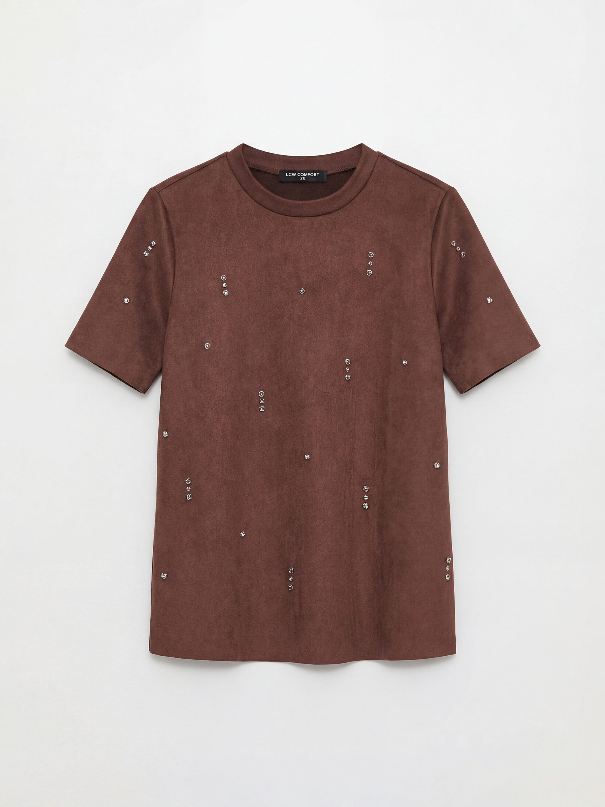 LCW Comfort Bisiklet Yaka Taşlı Süet Görünümlü Kadın Tişört - S6MC81Z8-HMK