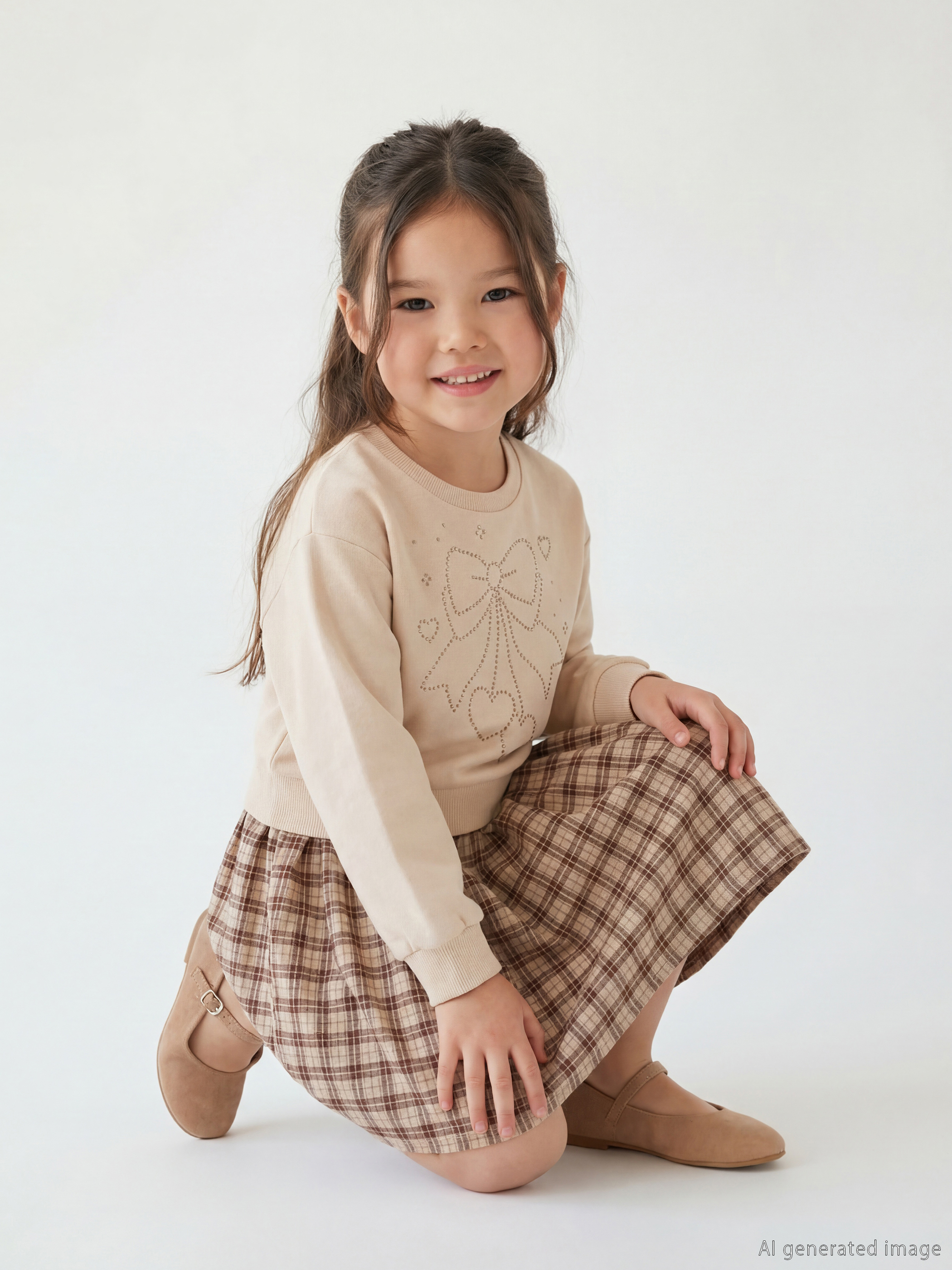 Kahverengi Bisiklet Yaka Taşlı Kız Çocuk Elbise-1