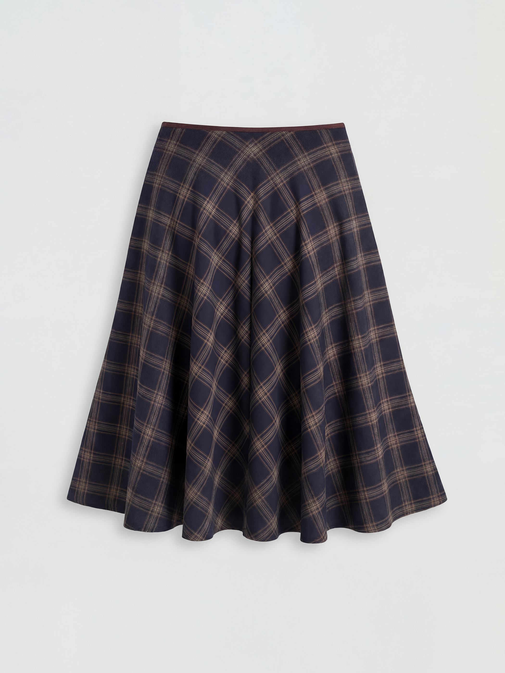 Lacivert Beli Fermuarlı Ekose Kloş Etek-1