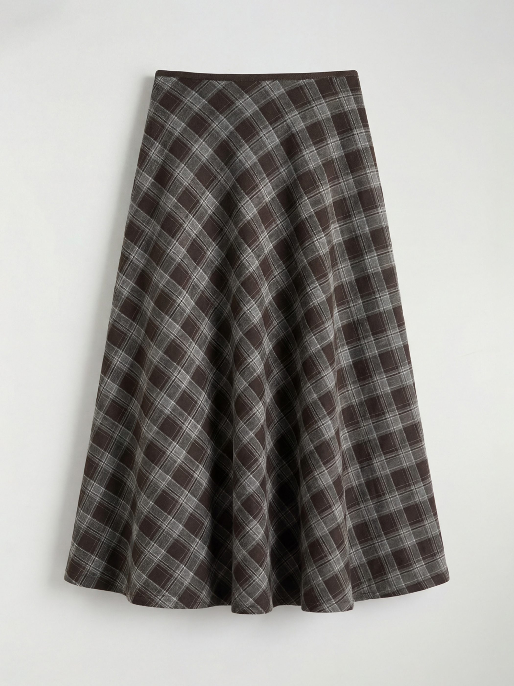 Kahverengi Beli Fermuarlı Ekose Kloş Etek-1