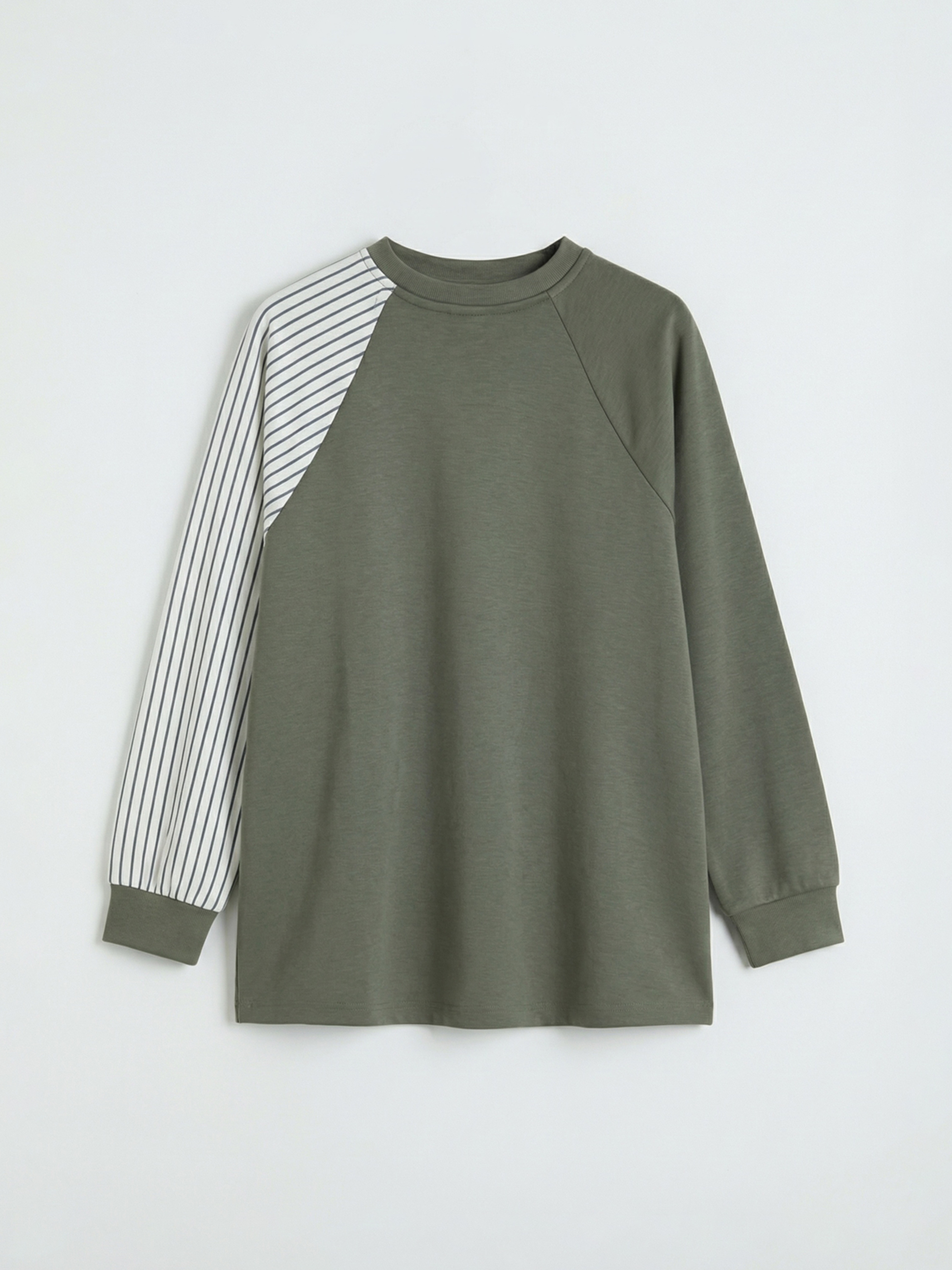 Haki Bisiklet Yaka Çizgili Kadın Sweatshirt Tunik-1