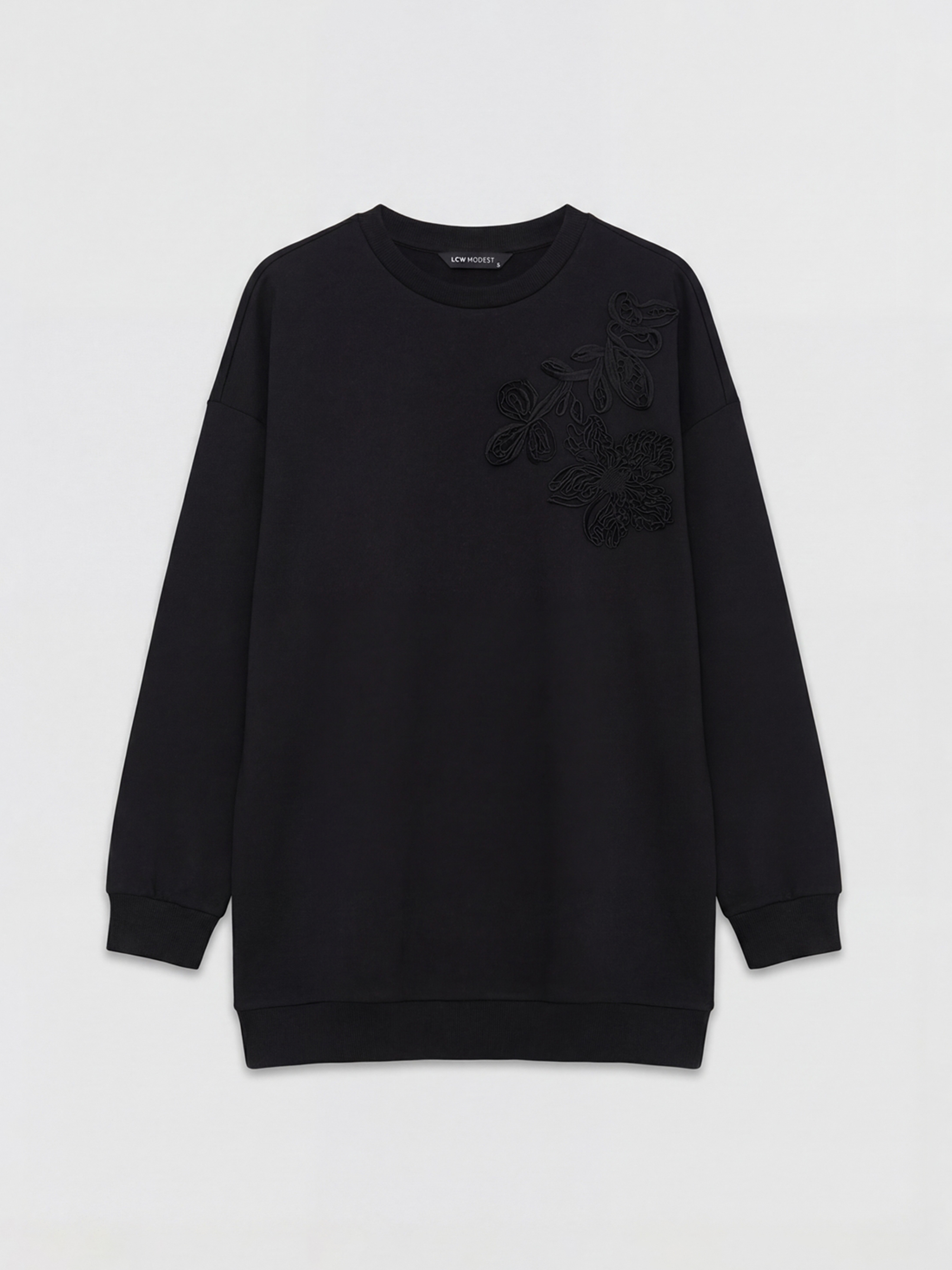 Siyah Bisiklet Yaka Nakışlı Kadın Sweatshirt Tunik-4