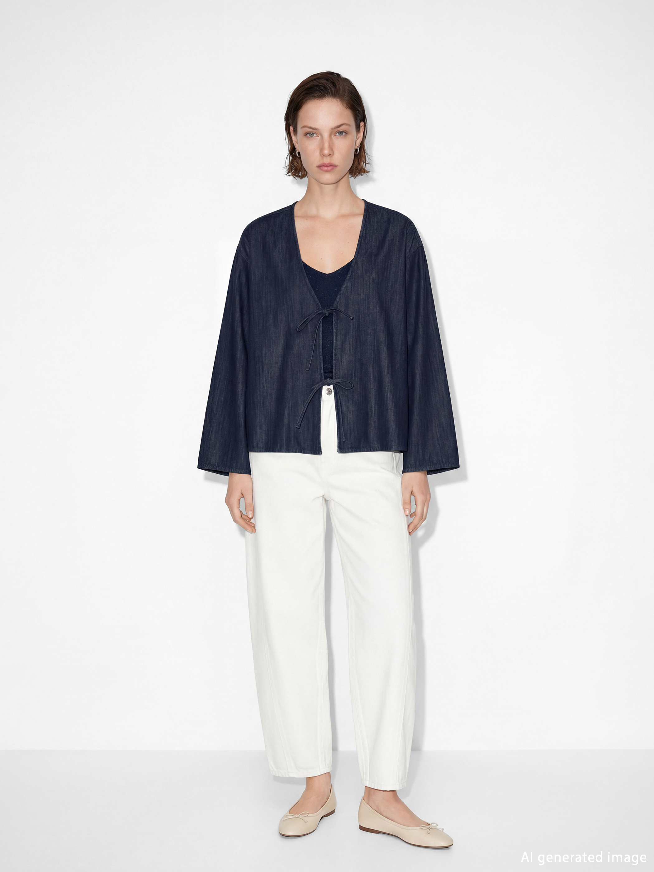 İndigo V Yaka Bağlama Detaylı Jean Bluz-1